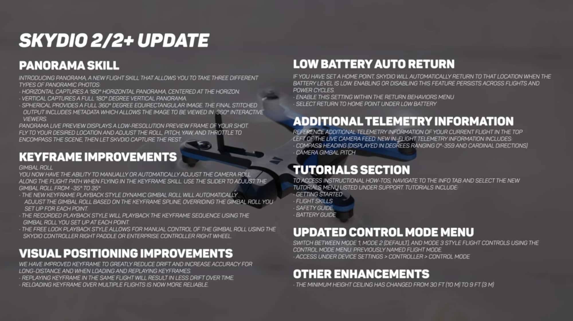 The Skydio firmware patch notes listing every change in this update.