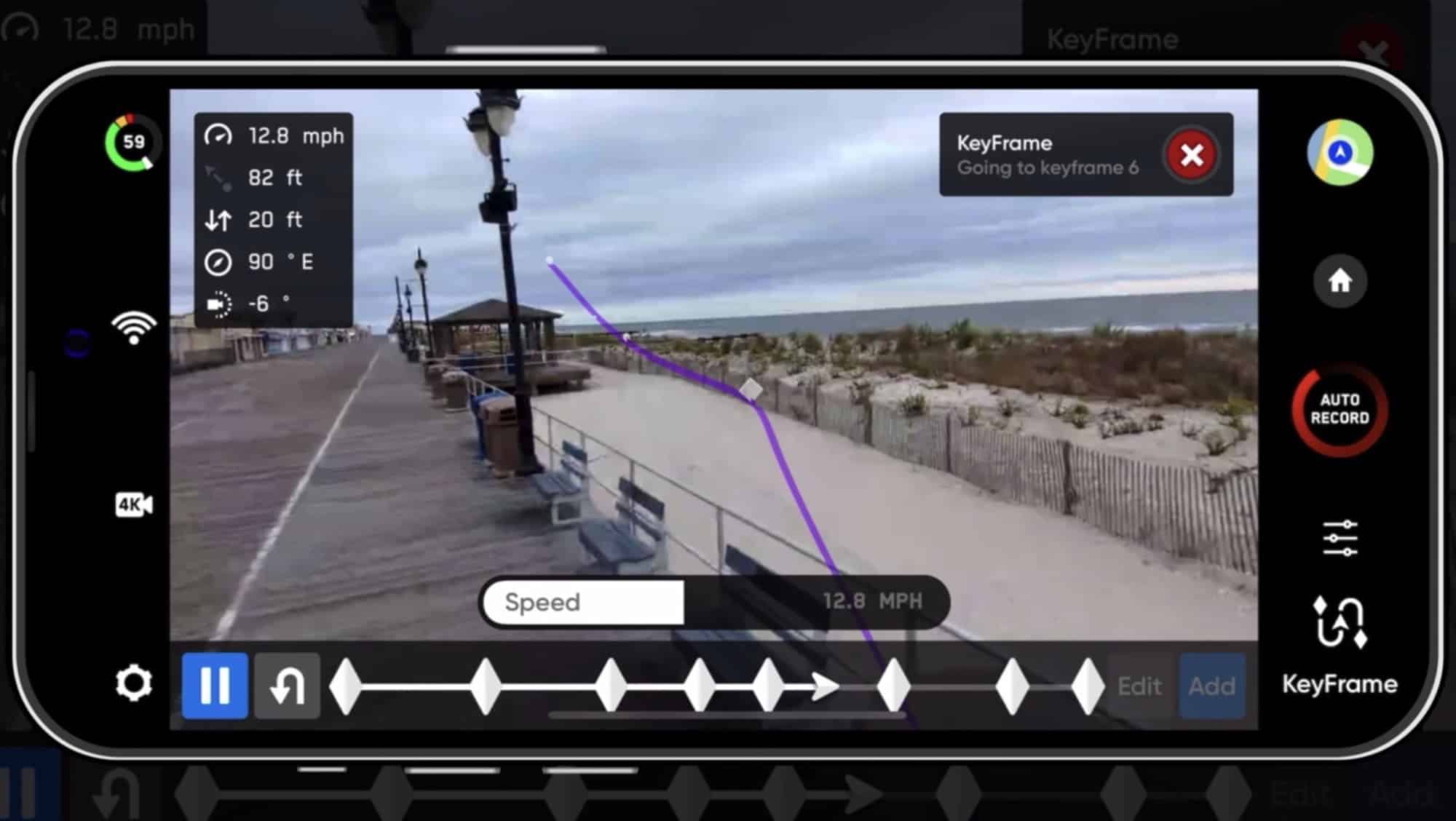A Keyframe flight with the new gimbal roll banking the camera through a turn.