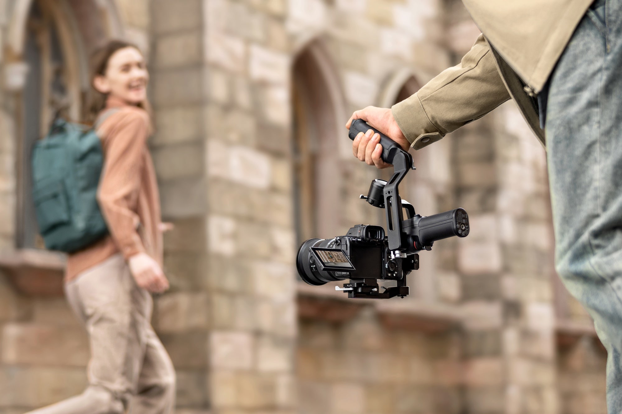 Operator running with the RS 3 Mini as third-generation stabilization smooths the shot.