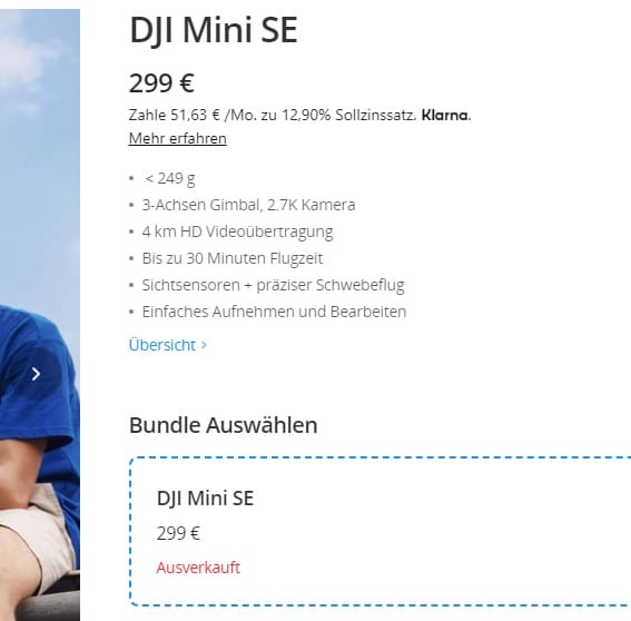 German DJI store page listing the Mini 2 SE at 299 euros.