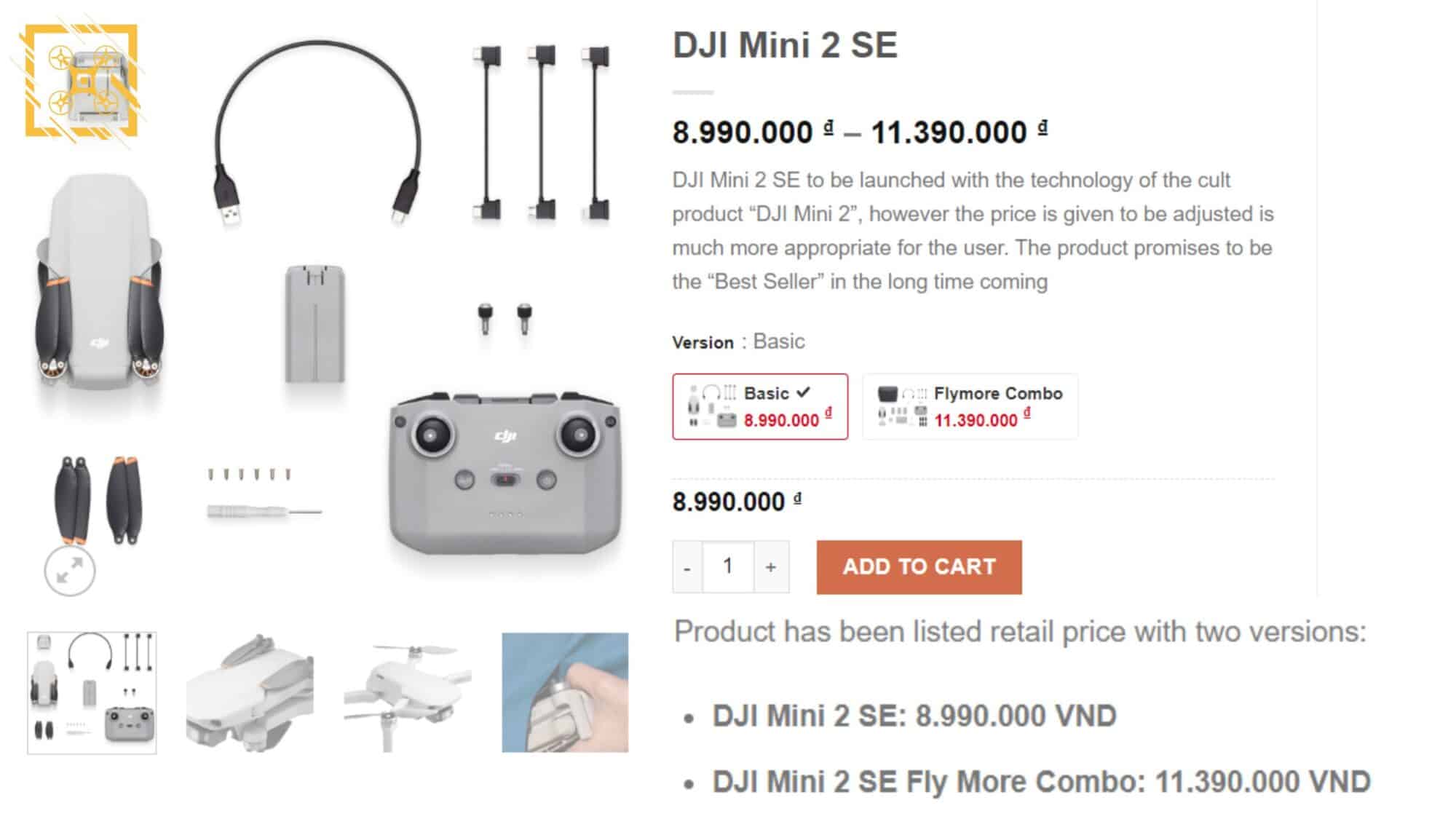 Leaked Vietnamese DJI listing pairing the Mini 2 SE with the RC-N1 controller.
