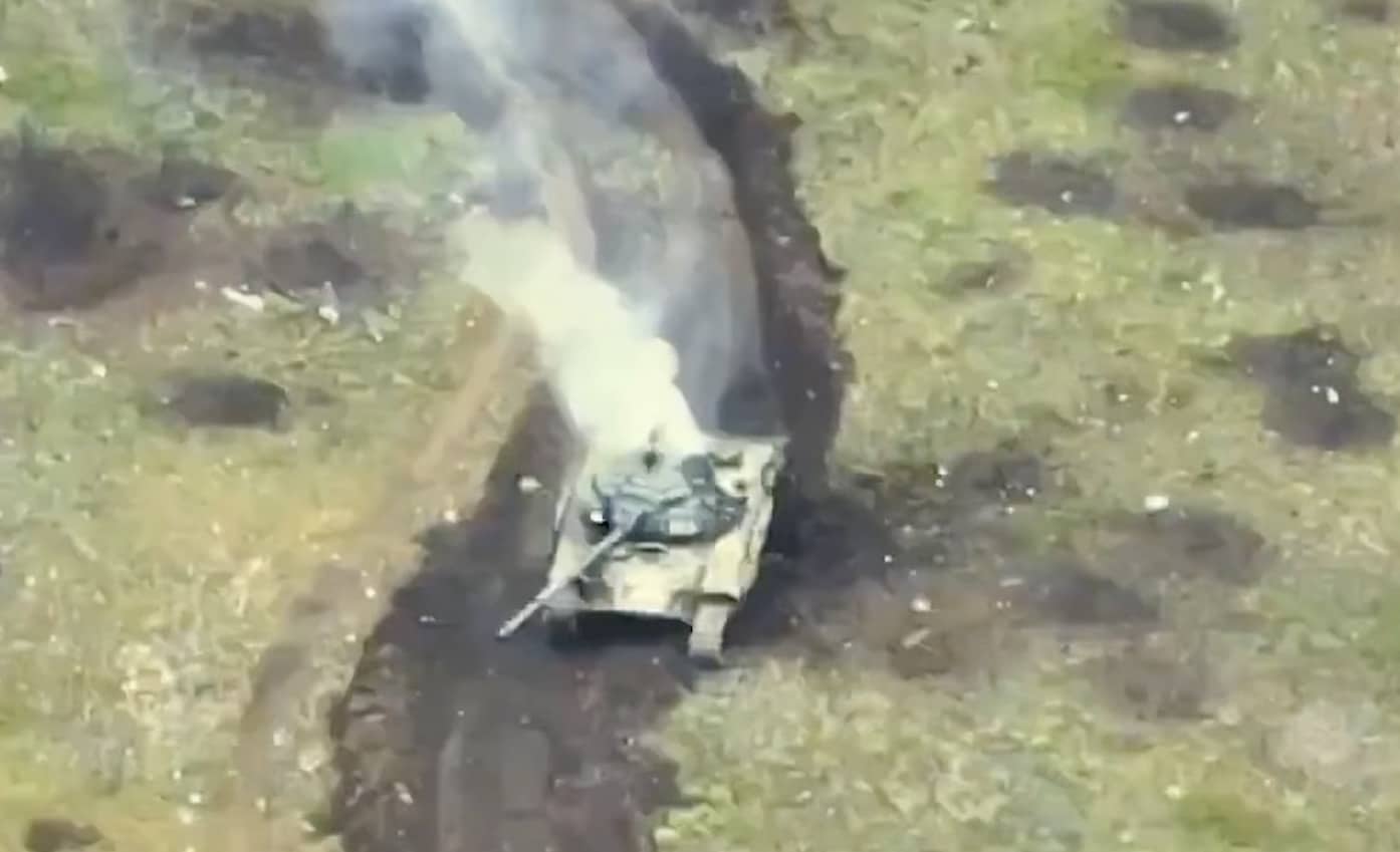 A Russian tank burning after an FPV strike set off its ammunition magazine.