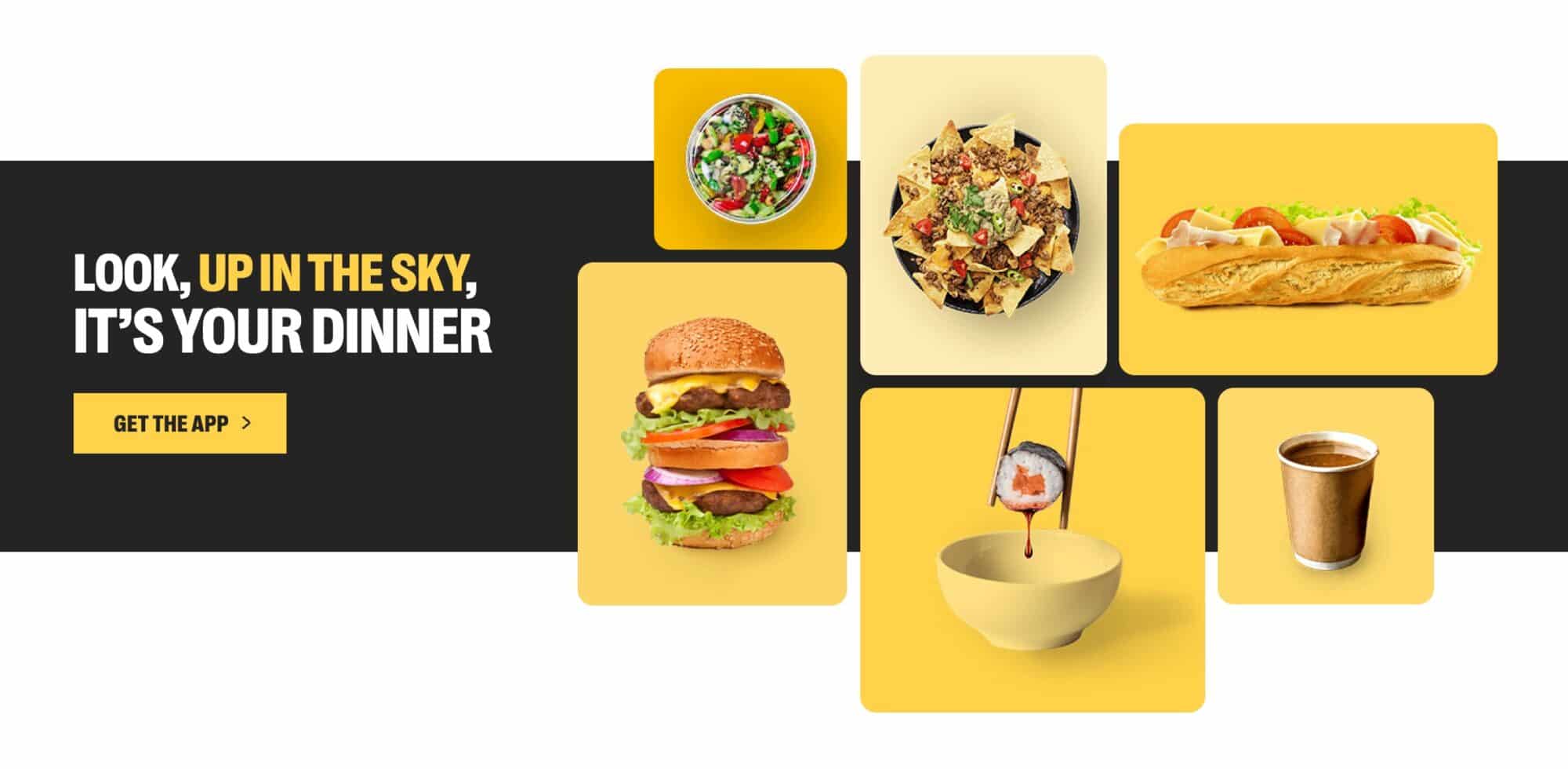 Delivery app advertisement showing meal tiles under a sky-themed headline.