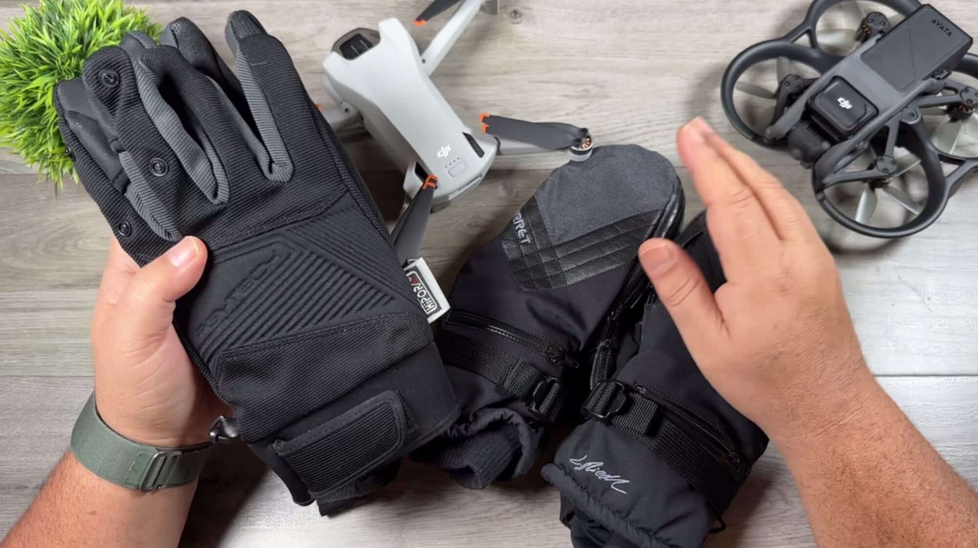 Shawn of Air Photography showing the photography gloves he uses for winter flights.