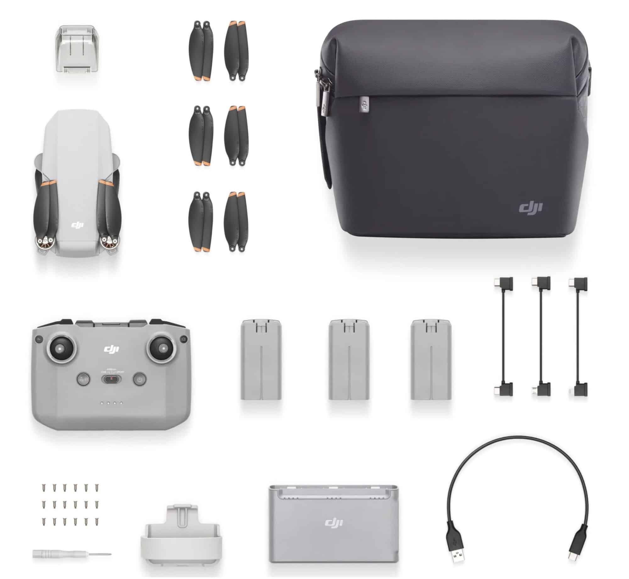 Screenshot of the DJI Mini 2 SE Fly More Combo and its bundled accessories.