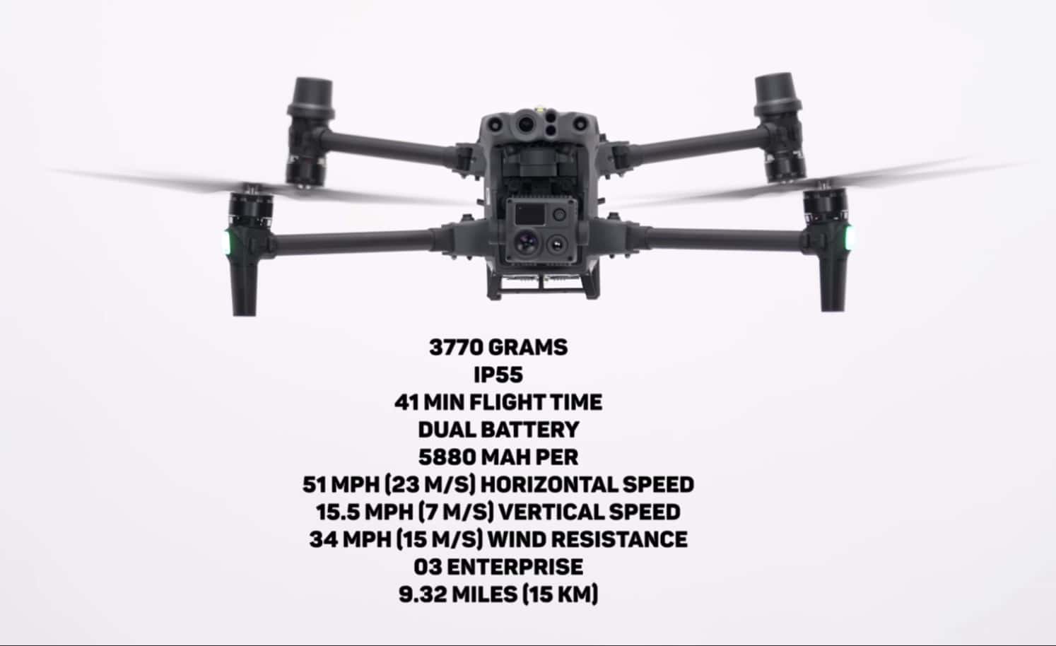 DJI Matrice 30T specifications, including IP55 weather sealing and a 41-minute flight time.