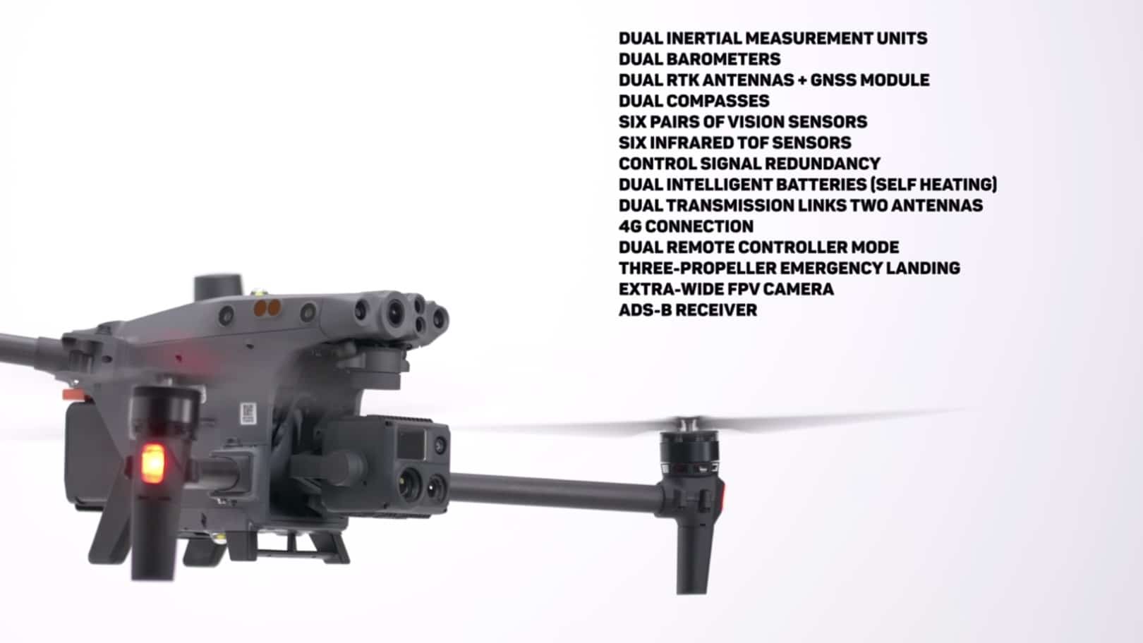 Onscreen list of the safety and redundancy features built into the DJI Matrice 30T.