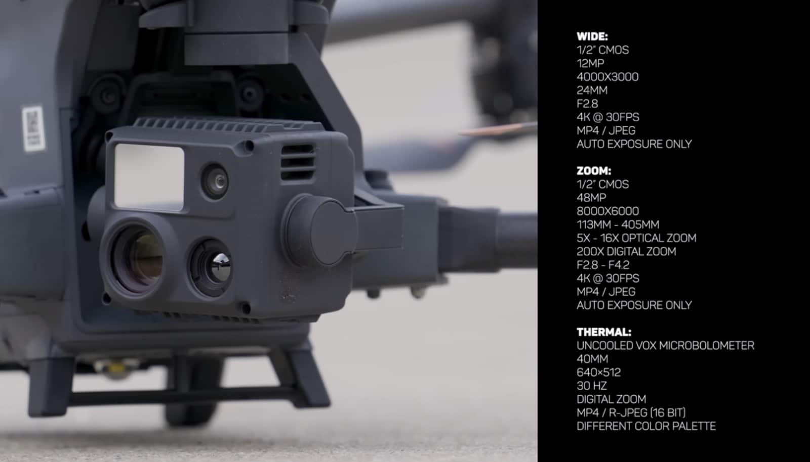 Camera specifications for the DJI Matrice 30T wide, zoom and thermal sensors.
