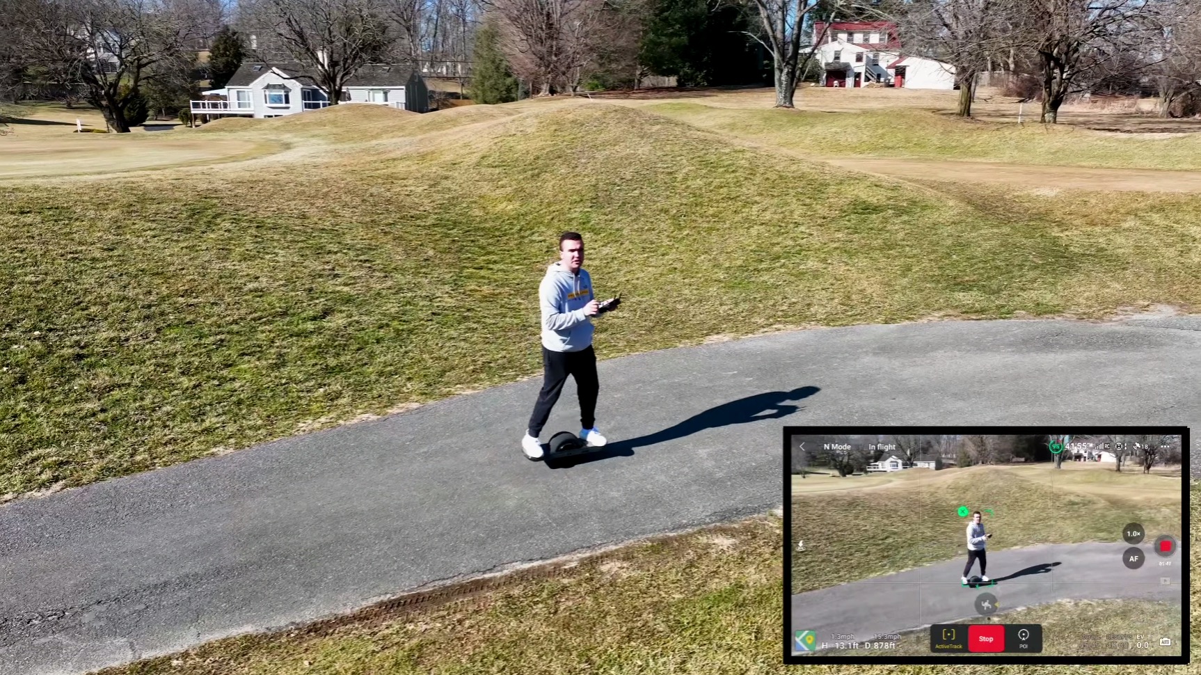 The DJI Mavic 3 Classic flying ActiveTrack during Billy Kyle's tracking test.