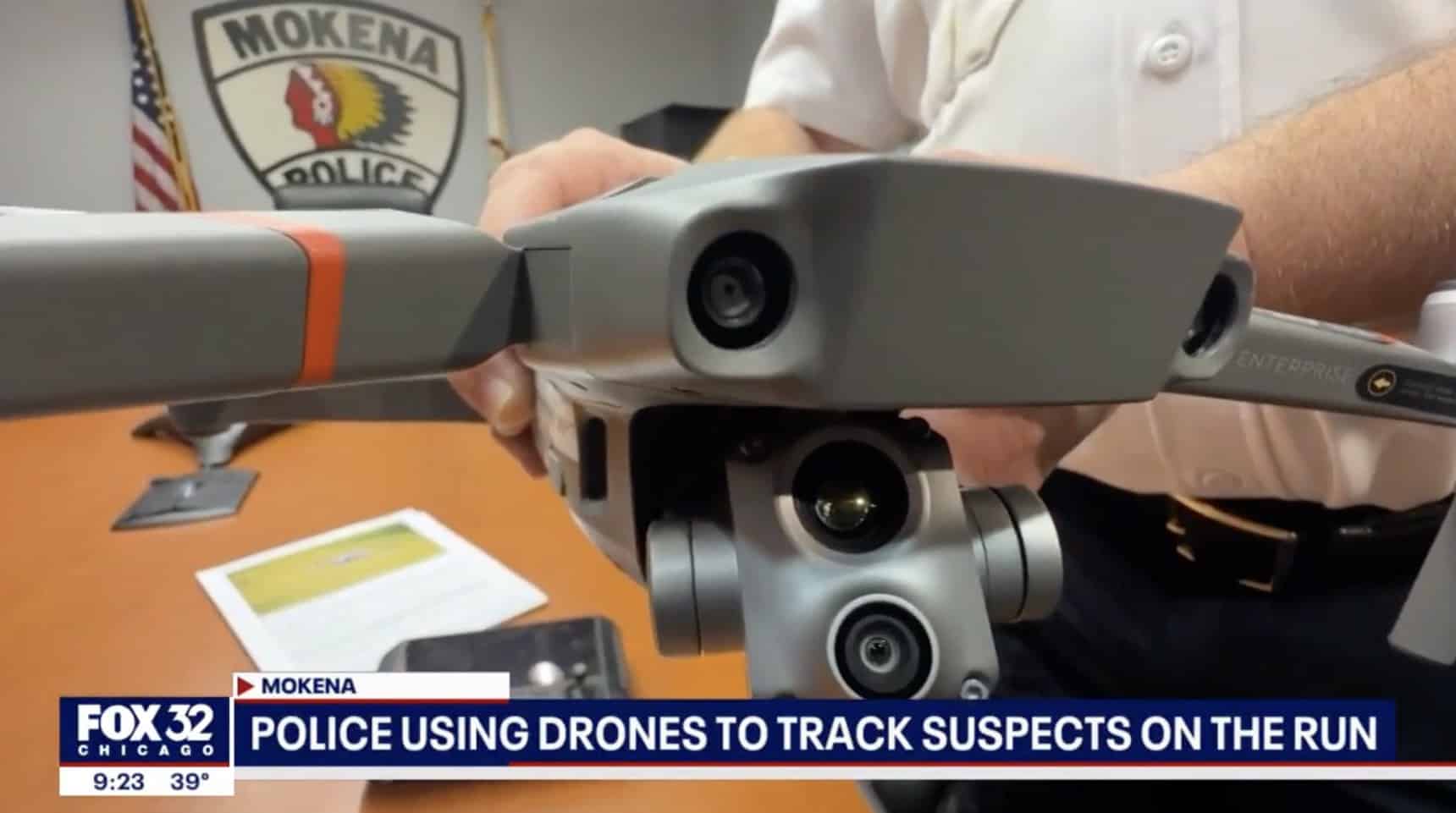 Officer holds a DJI Mavic 2 Enterprise before a Mokena Police patch.
