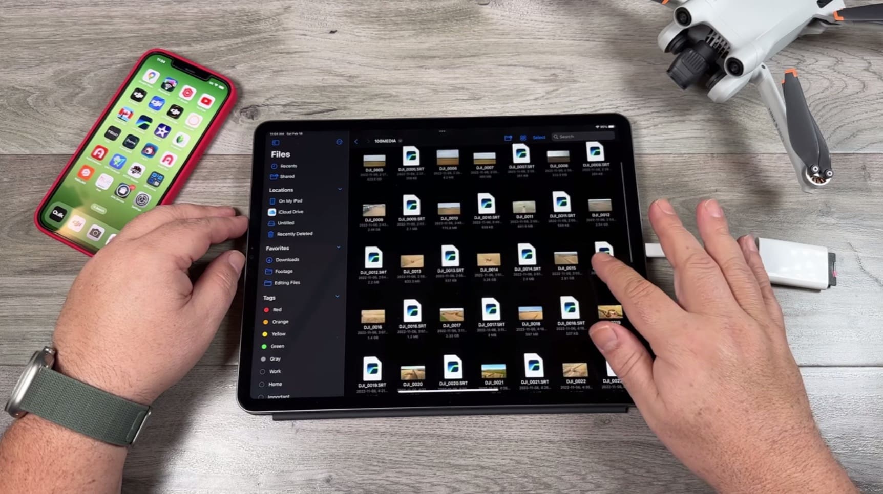 Files app on the iPad browsing the drone memory card listed as Untitled.