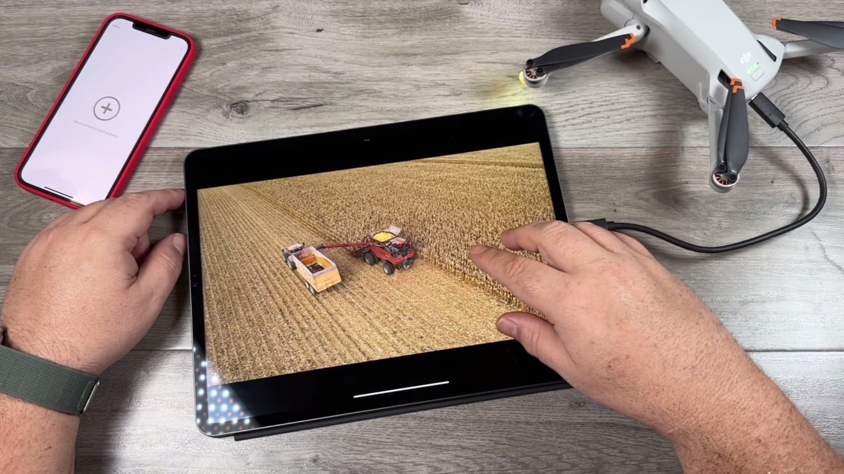 Screenshot of the iPad Photos app reading media from the connected drone.