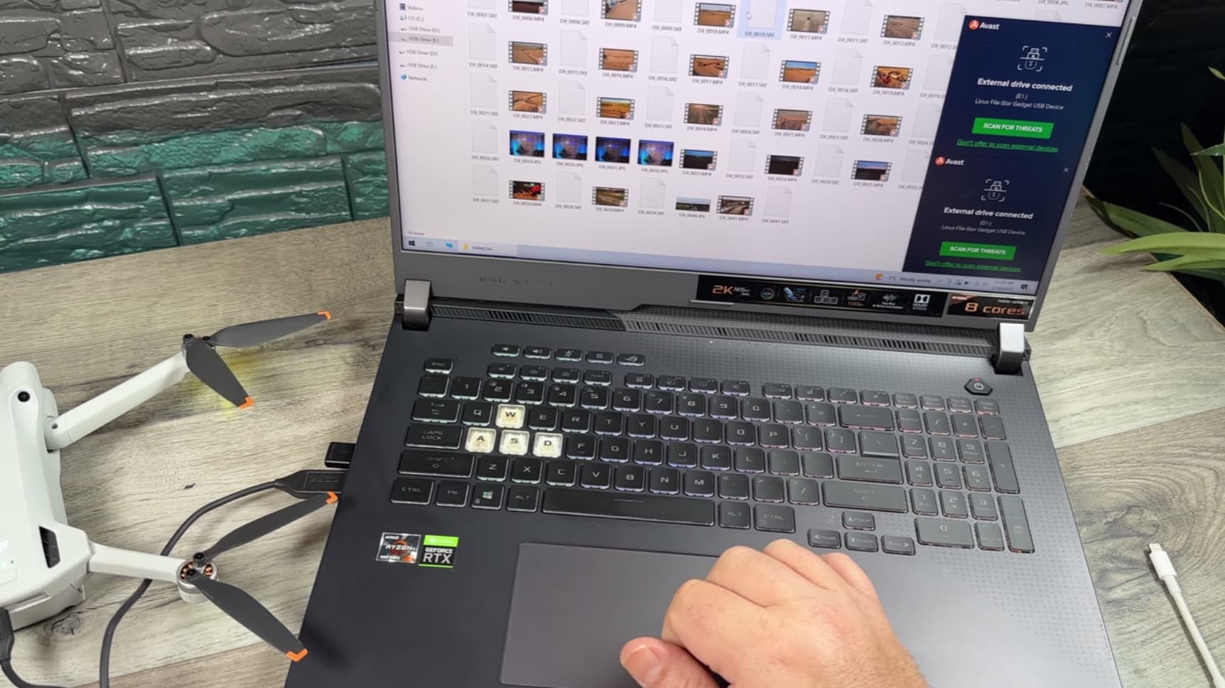 Screenshot of a laptop showing the drone internal storage and memory card drives.