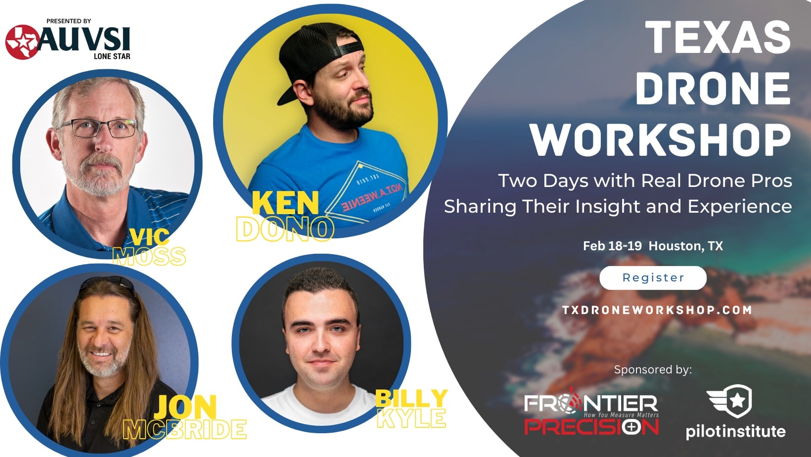 Texas Drone Workshop banner listing four speakers and the Houston event dates.