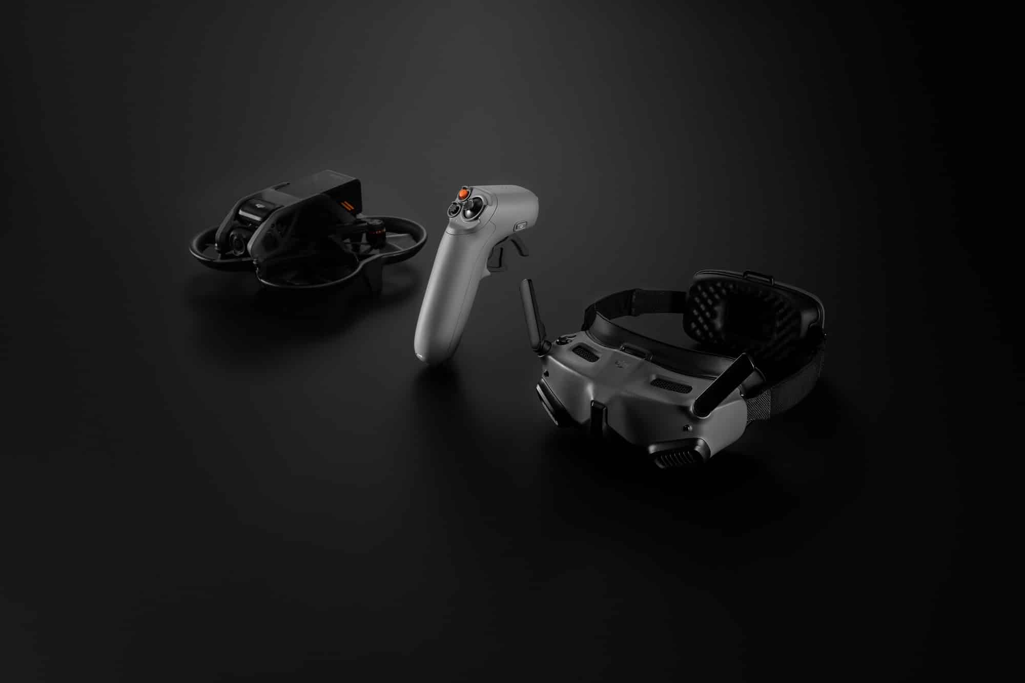 DJI Avata Explorer Kit with goggles and motion controller on a black background.