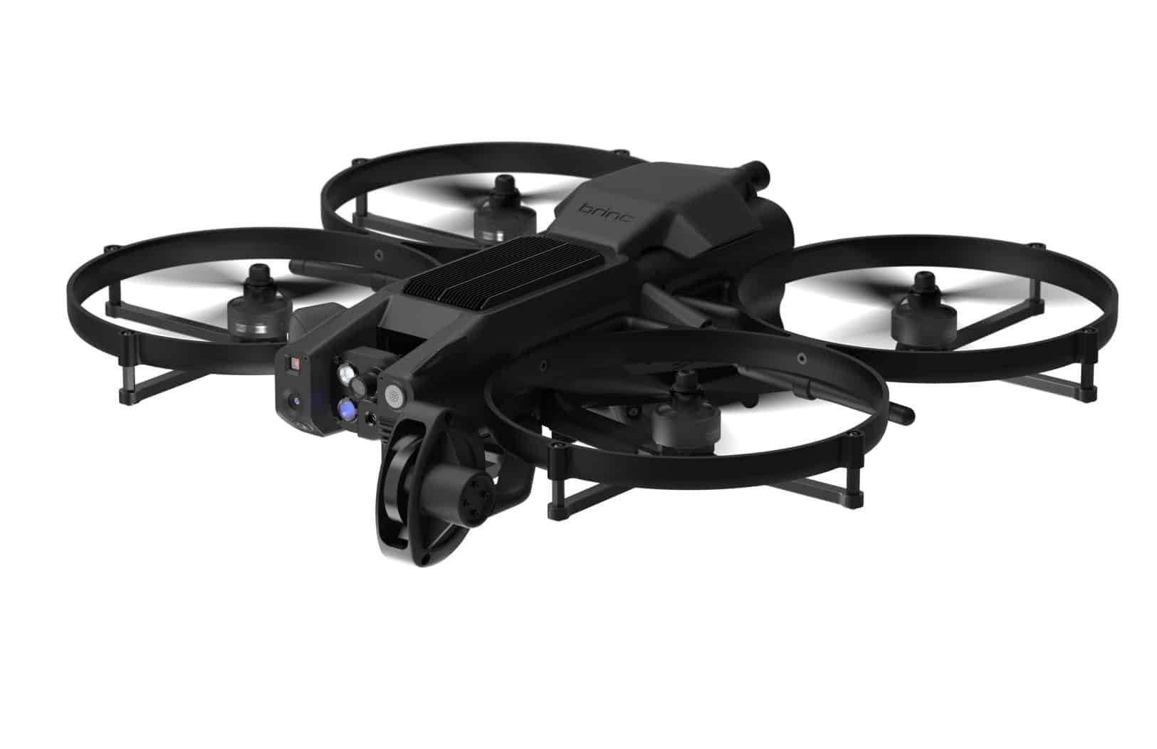 A black BRINC Lemur quadcopter with circular propeller guards against a dark background.