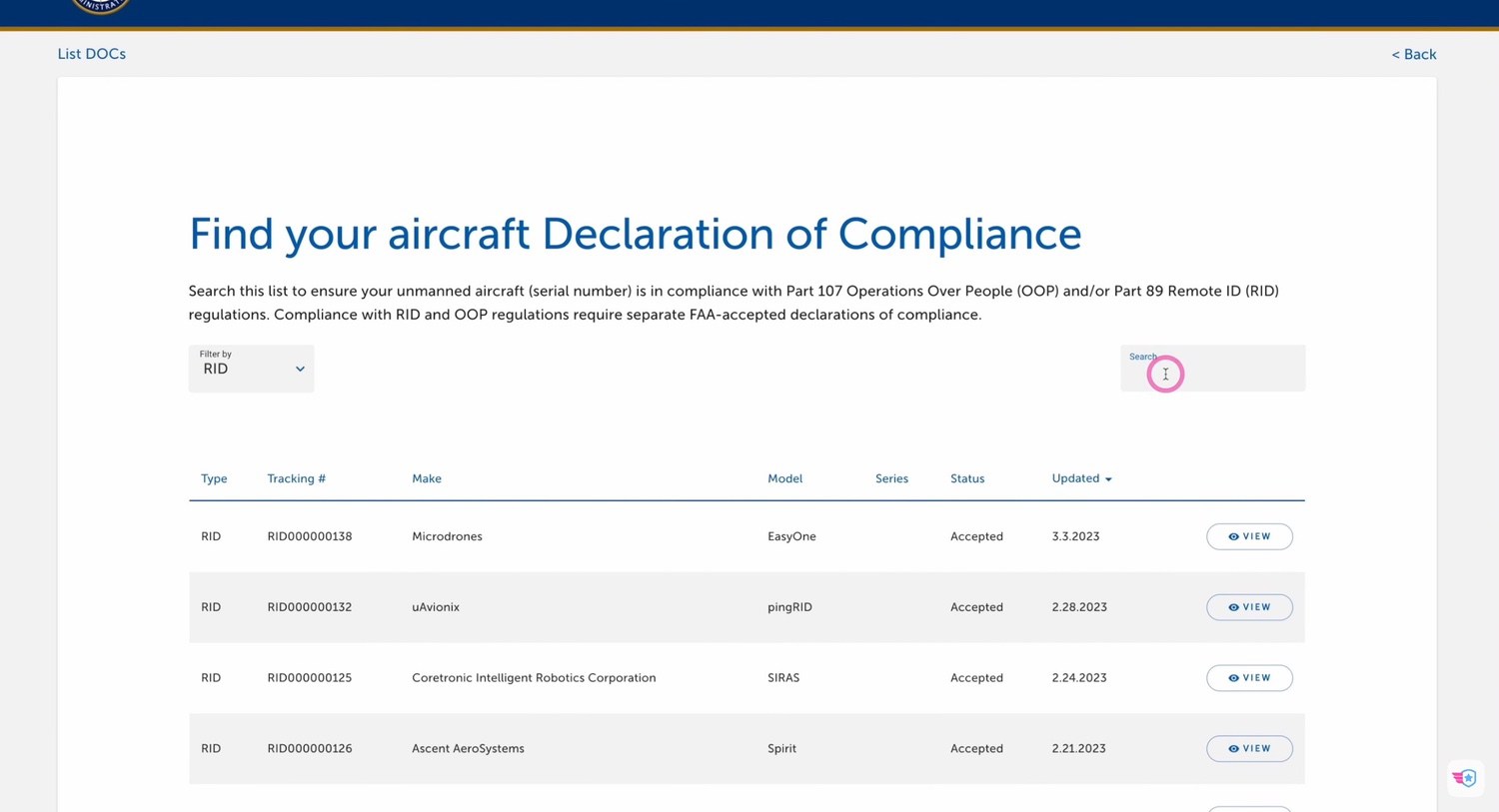FAA Declaration of Compliance database at uasdoc.faa.gov, filtered to Remote ID.