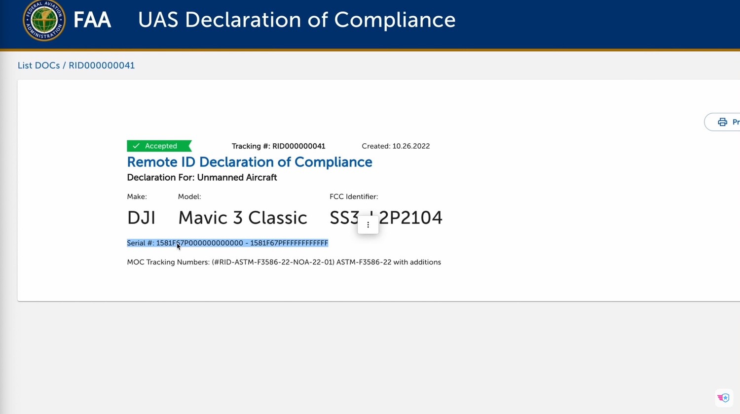 Approved serial number range for the Mavic 3 Classic, starting with the 1581F prefix.