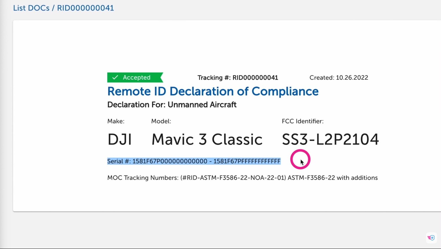 A short DJI serial number, the sign of a drone without standard Remote ID.