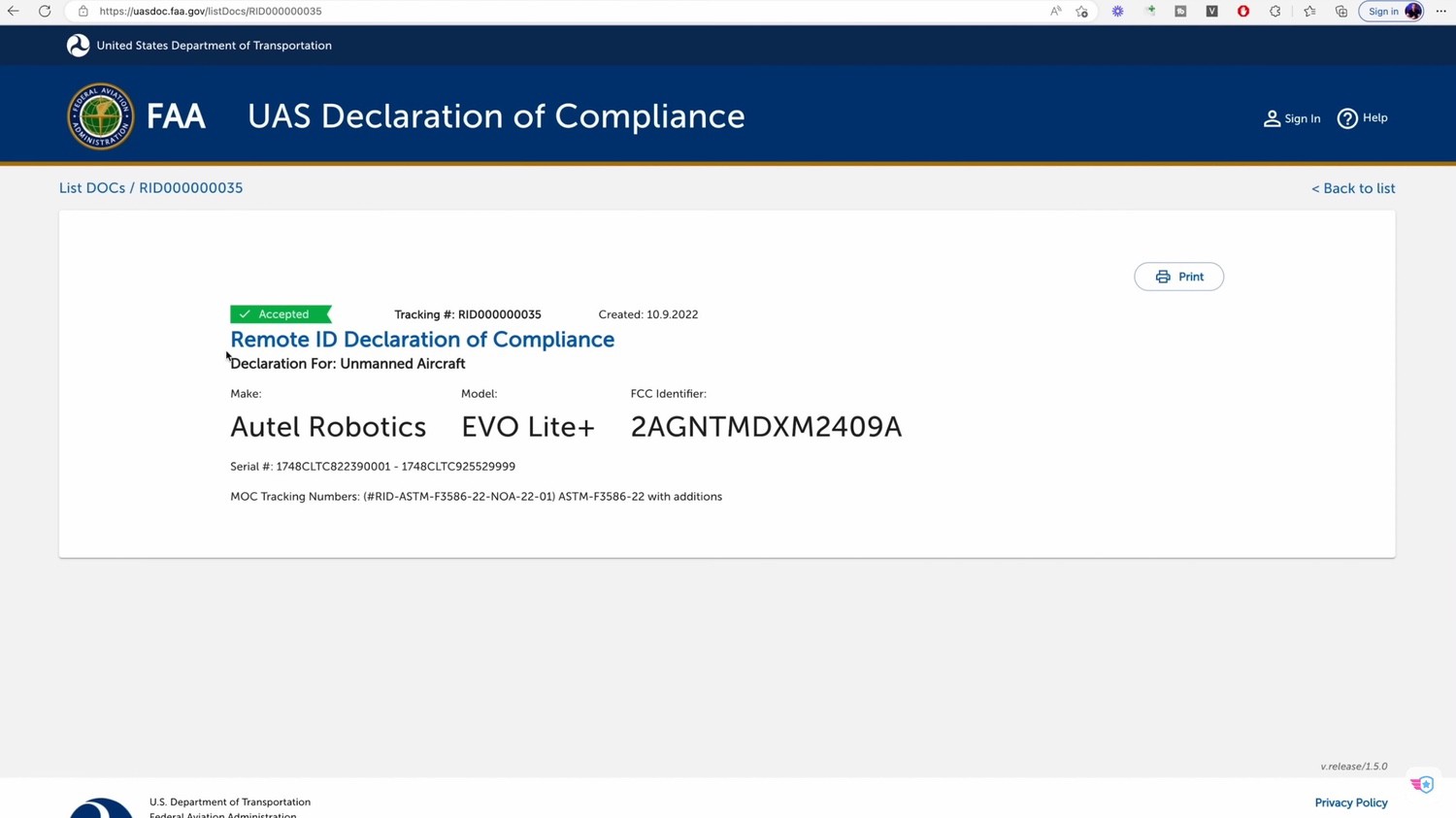 FAA declaration of compliance database showing two separate approvals for the Autel Lite+.