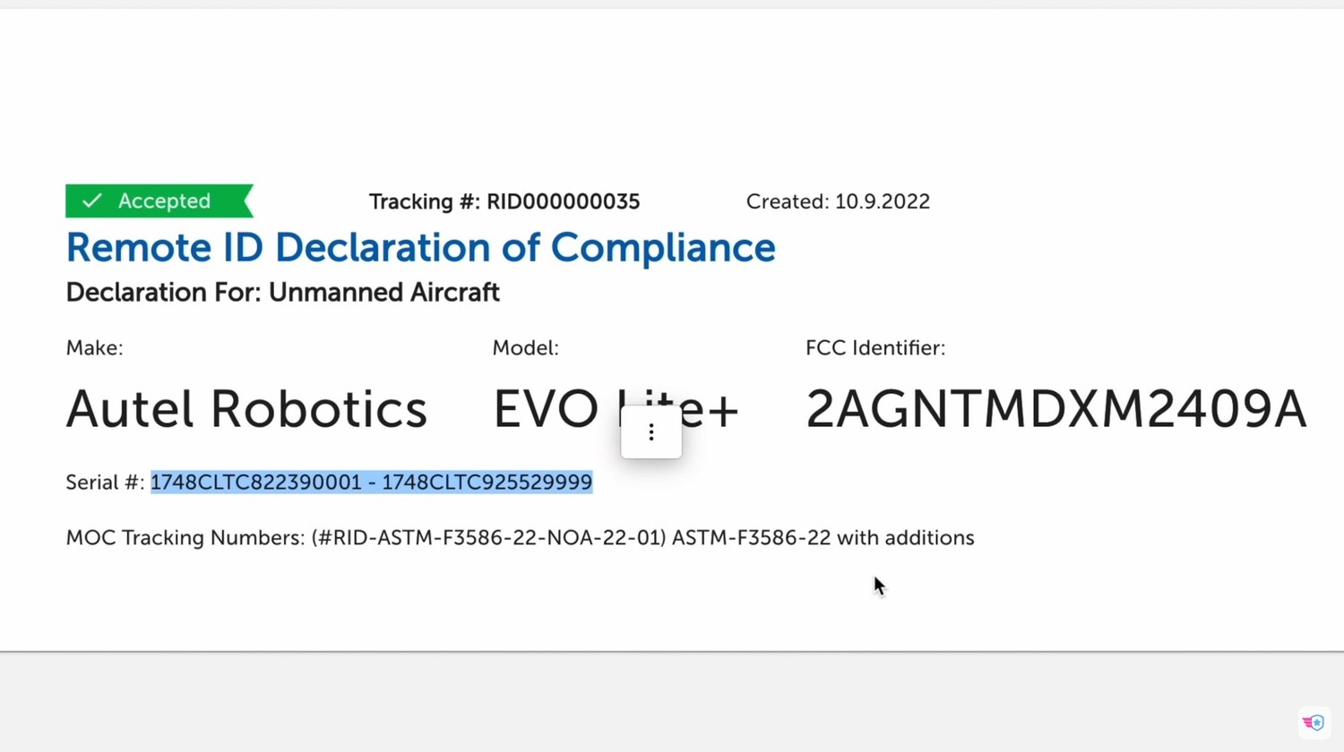 Autel app settings screen where the aircraft serial number used for Remote ID appears.