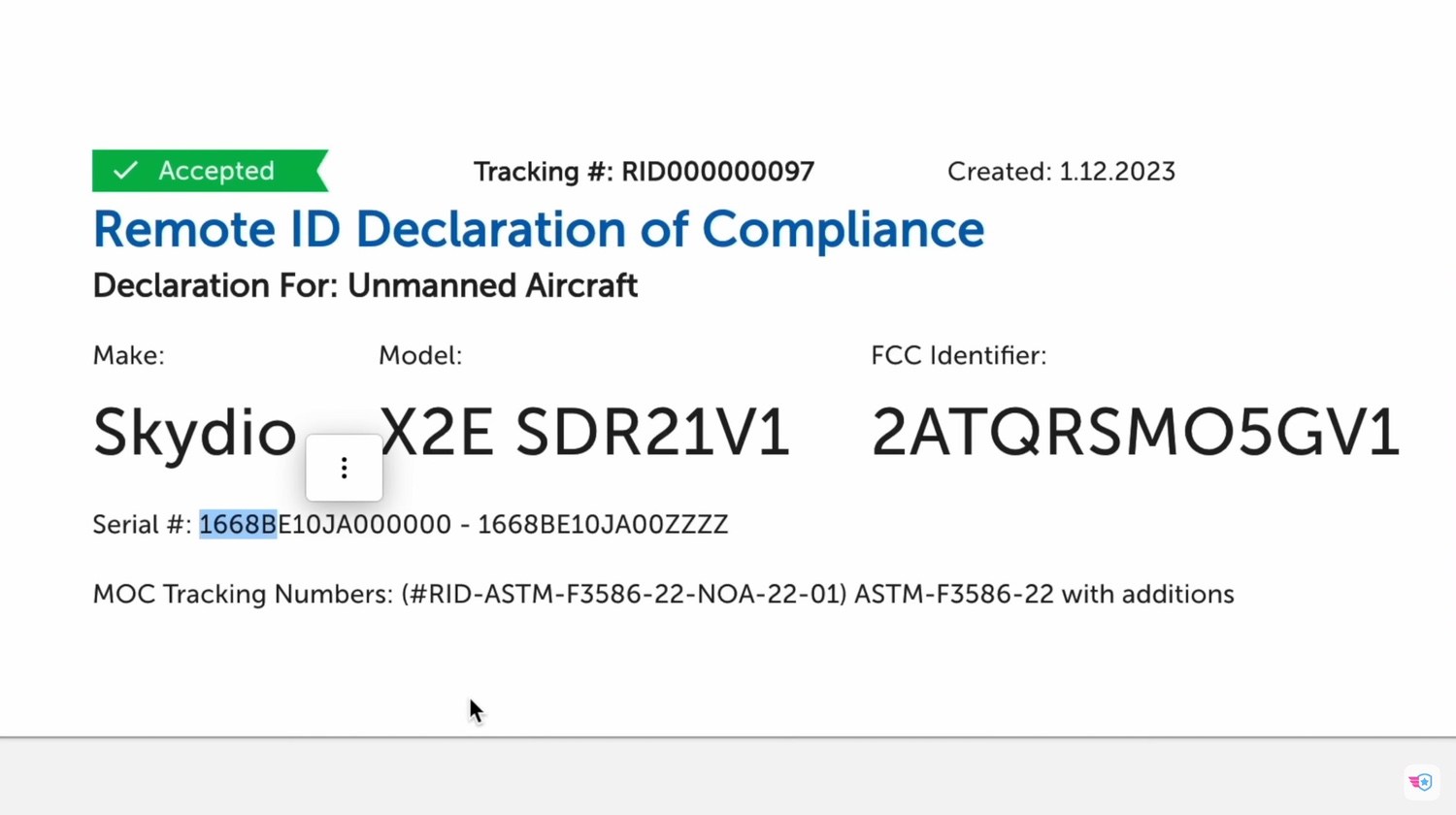 Approved serial number range for the Skydio X2E, starting with the 1668B prefix.