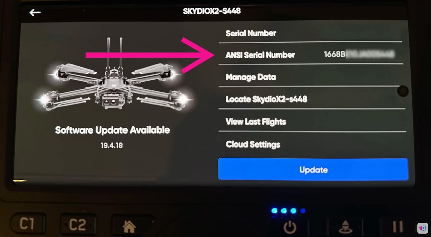 Skydio X2E controller details page listing the 20-character ANSI serial number.