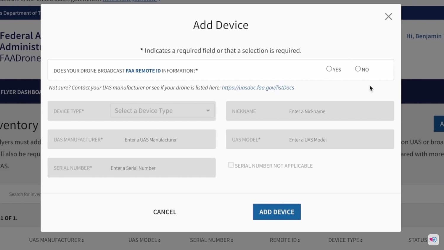 FAA DroneZone account page listing the drones already registered to this pilot.