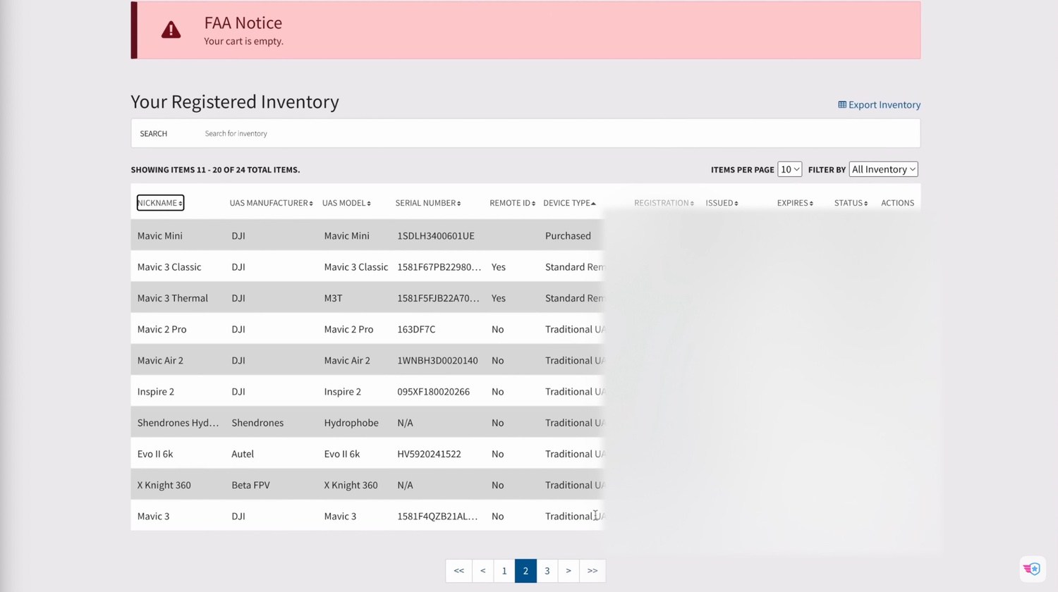 FAA DroneZone device inventory with the edit menu open for a registered Mavic 3.