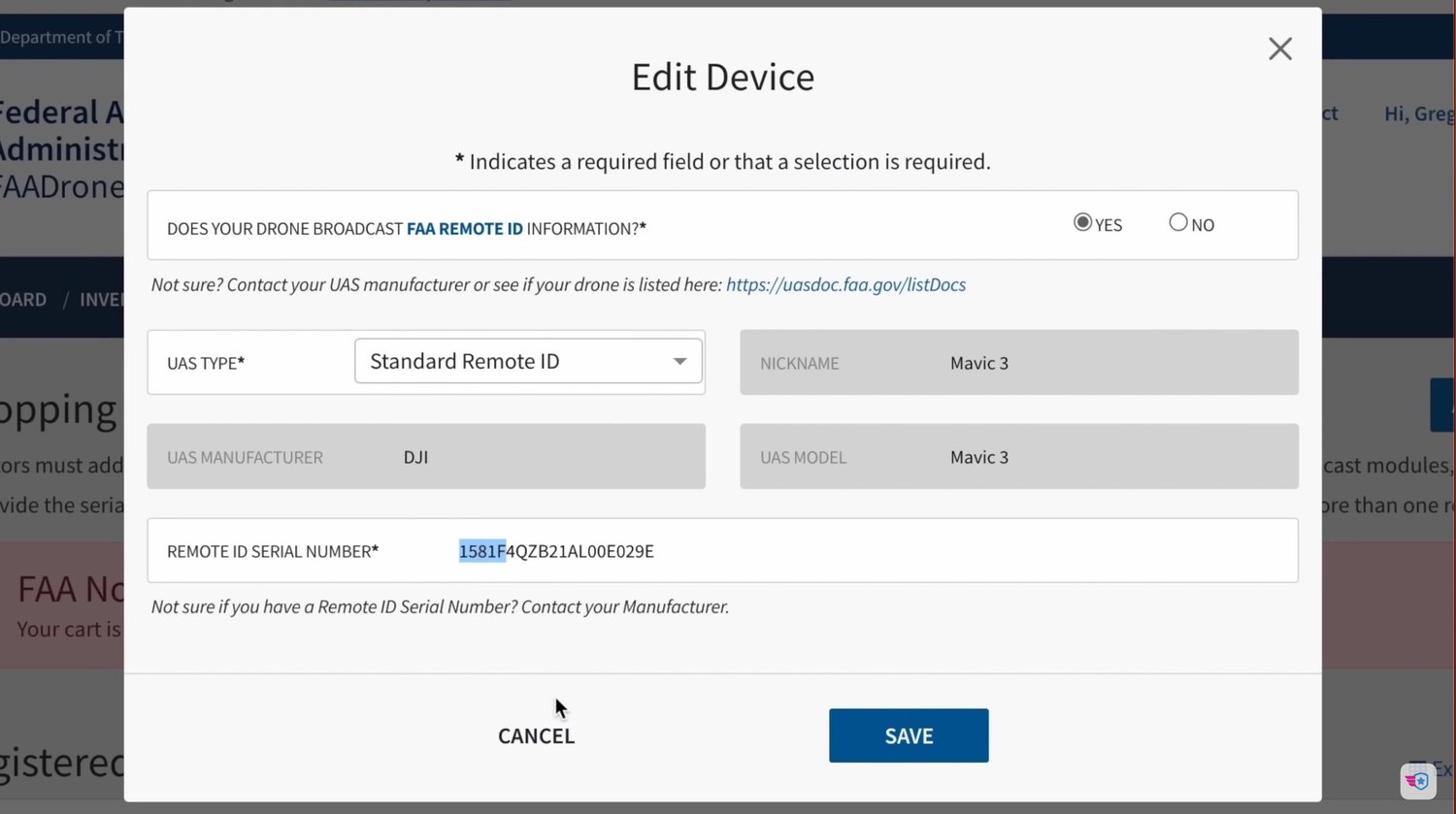 FAA DroneZone edit form asking whether the drone broadcasts Remote ID information.