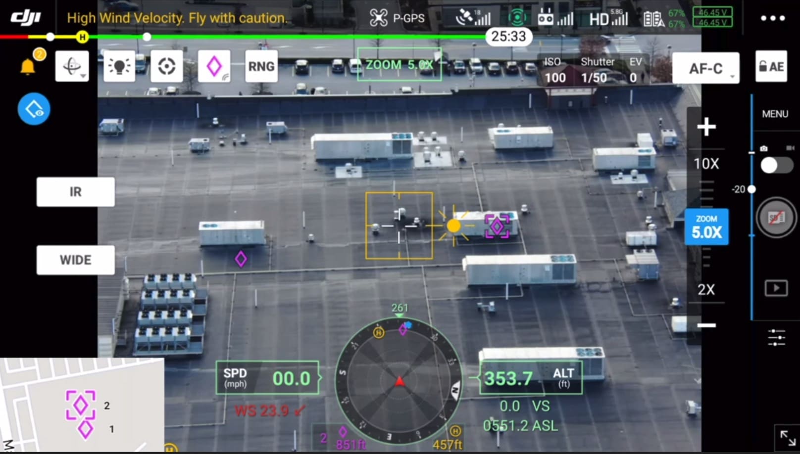 Pinpoint markers shown as augmented reality icons in the DJI Pilot app live feed.