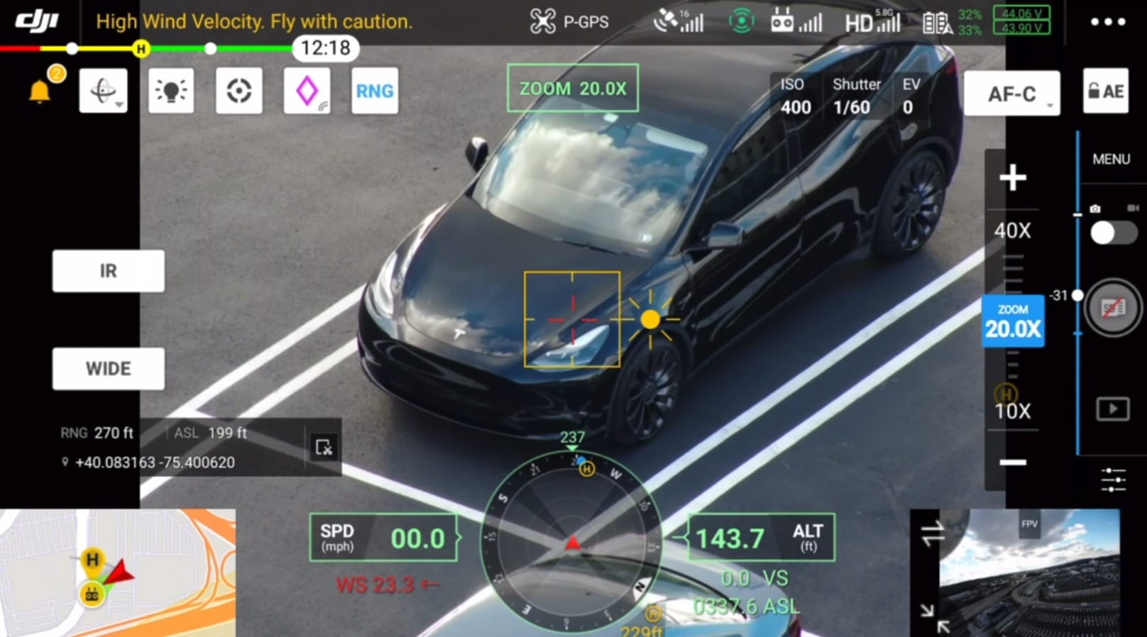 Laser rangefinder readout showing the distance between the drone and its subject.