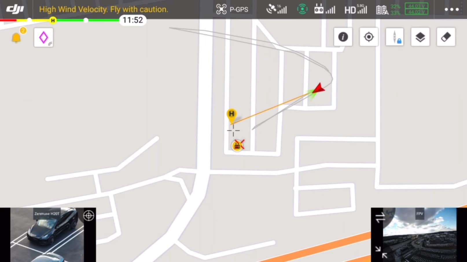 Map view pinpointing where the laser rangefinder is aimed on the ground.