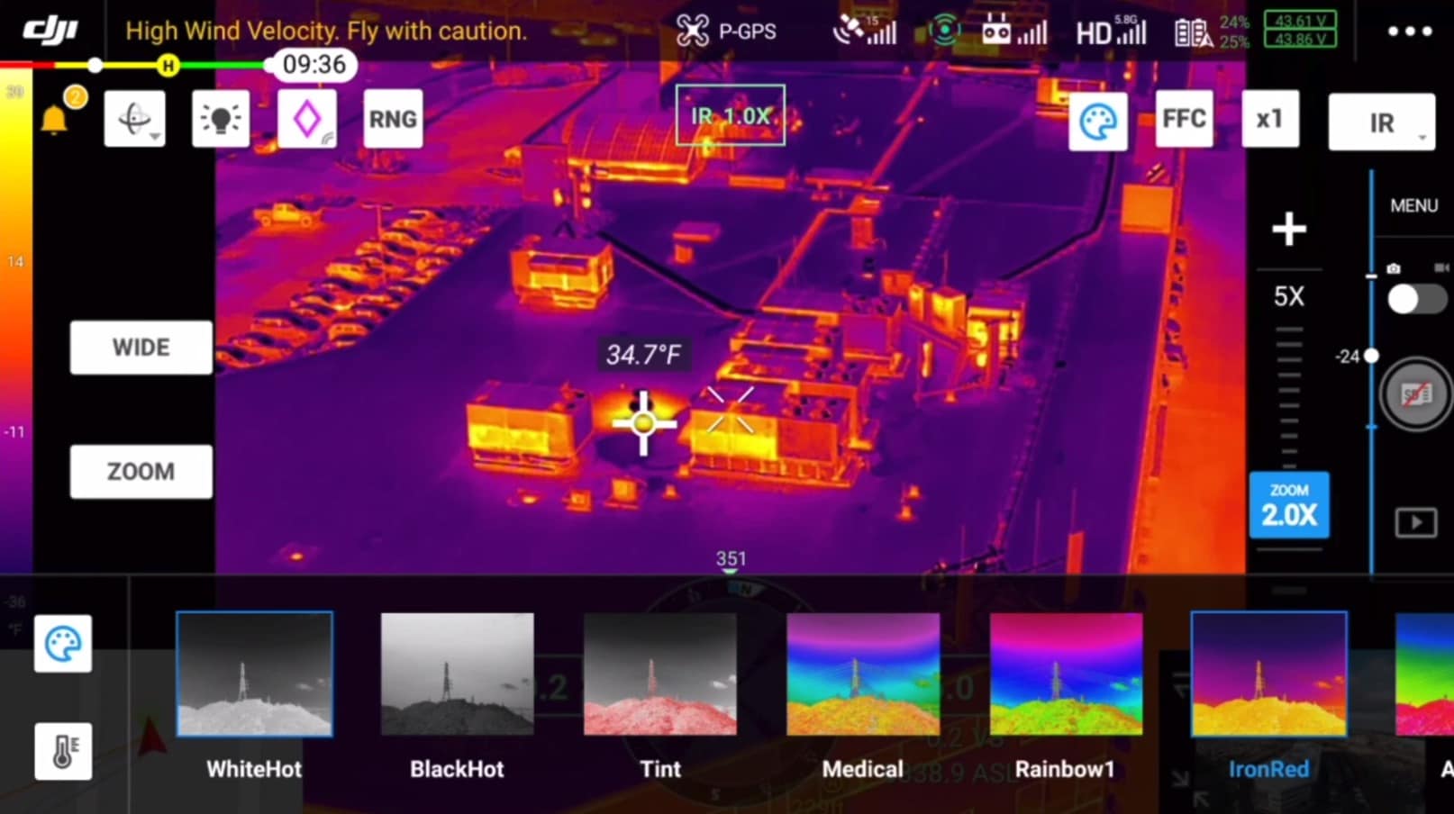 Thermal area measurement showing the hottest, lowest and average temperature readings.
