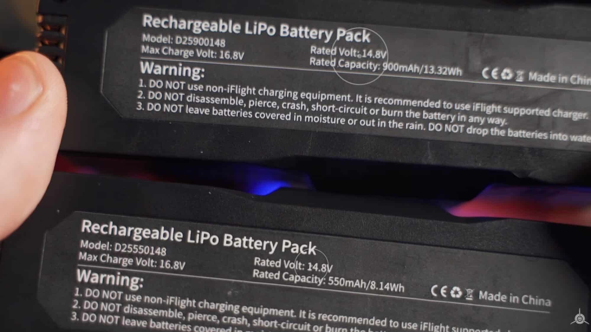 The Defender 25's 550 mAh and 900 mAh proprietary batteries side by side.