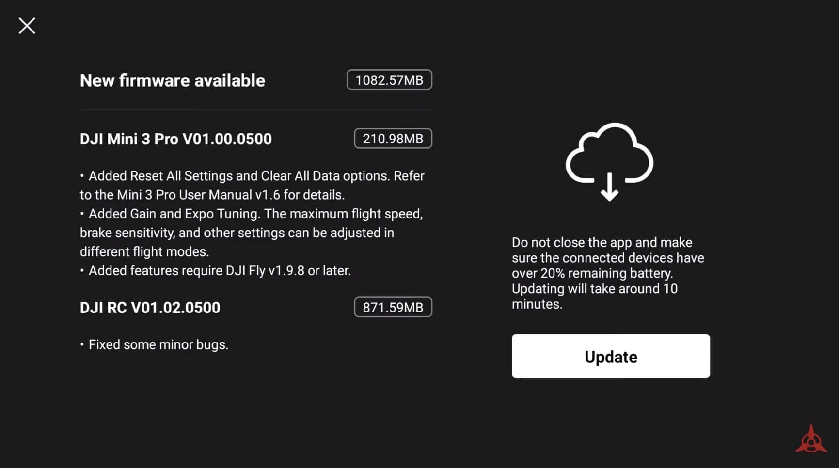 The release notes for DJI Mini 3 Pro firmware version 1.00.0500.