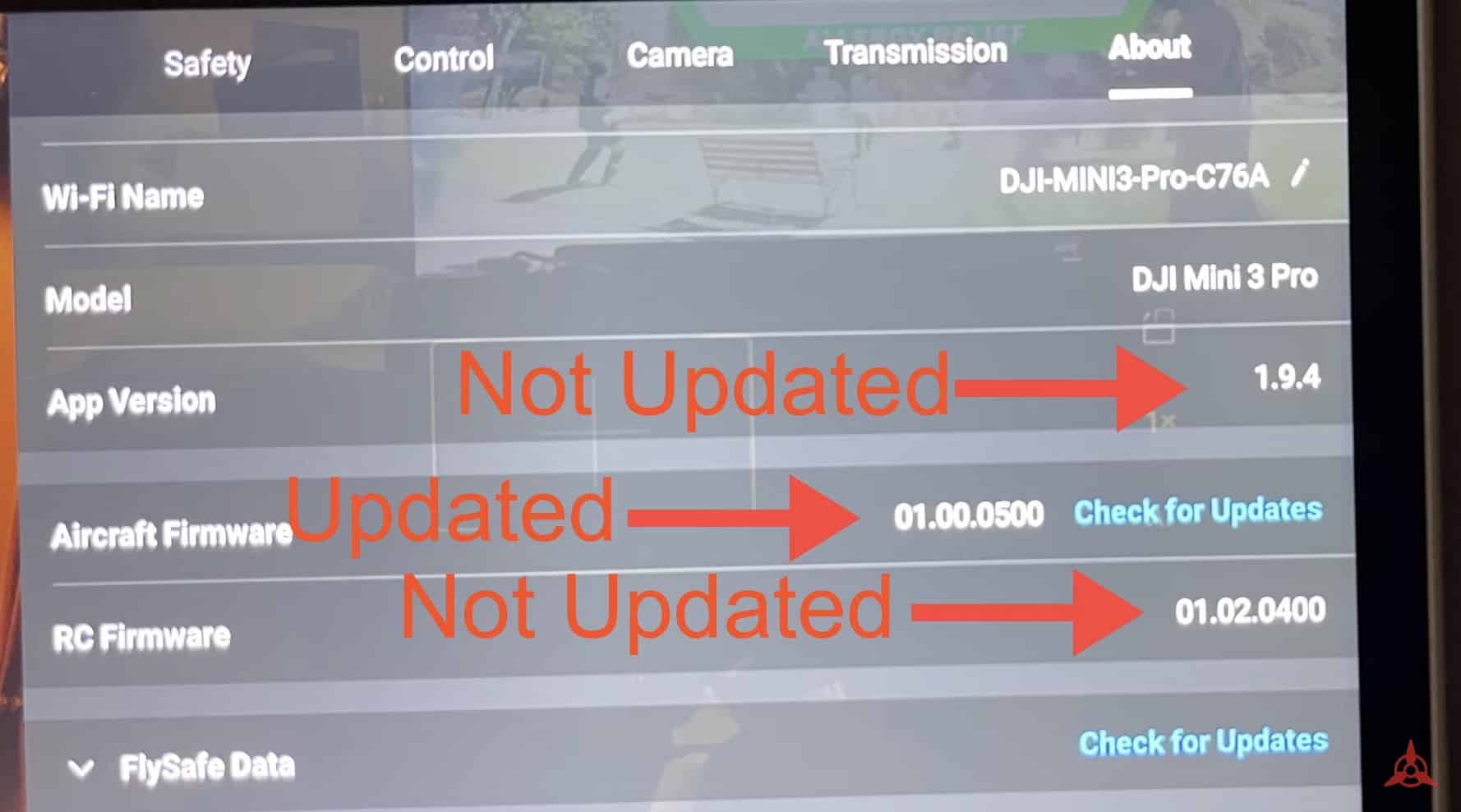 Screenshot from Philly Drone Life showing DJI Fly stuck at 1.9.4 after the firmware update.