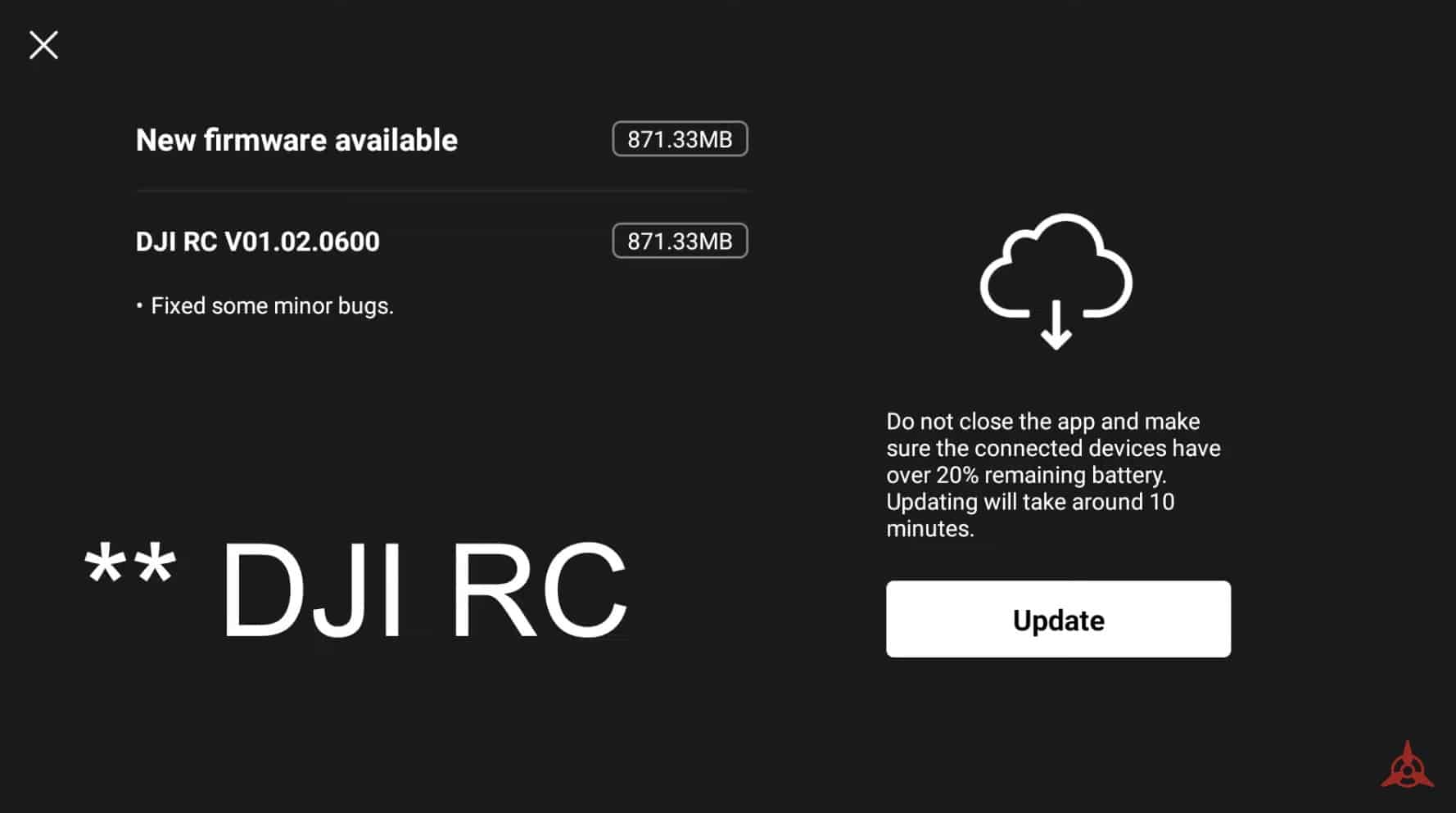 New DJI RC firmware V01.02.0600, which finally installs DJI Fly version 1.9.9.