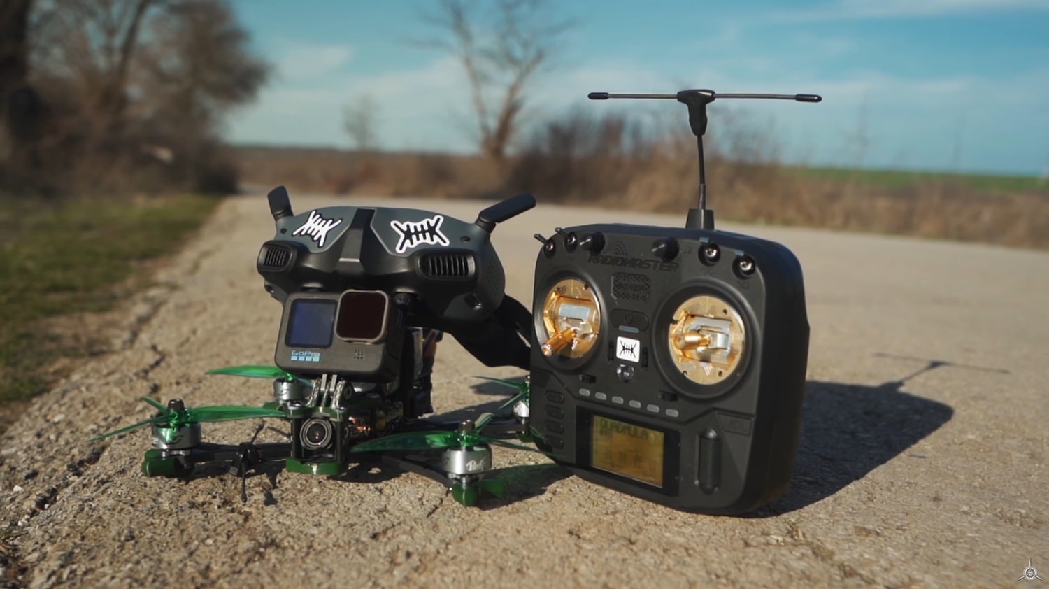 The RadioMaster Boxer radio with its Crossfire antenna and AG01 gimbals.