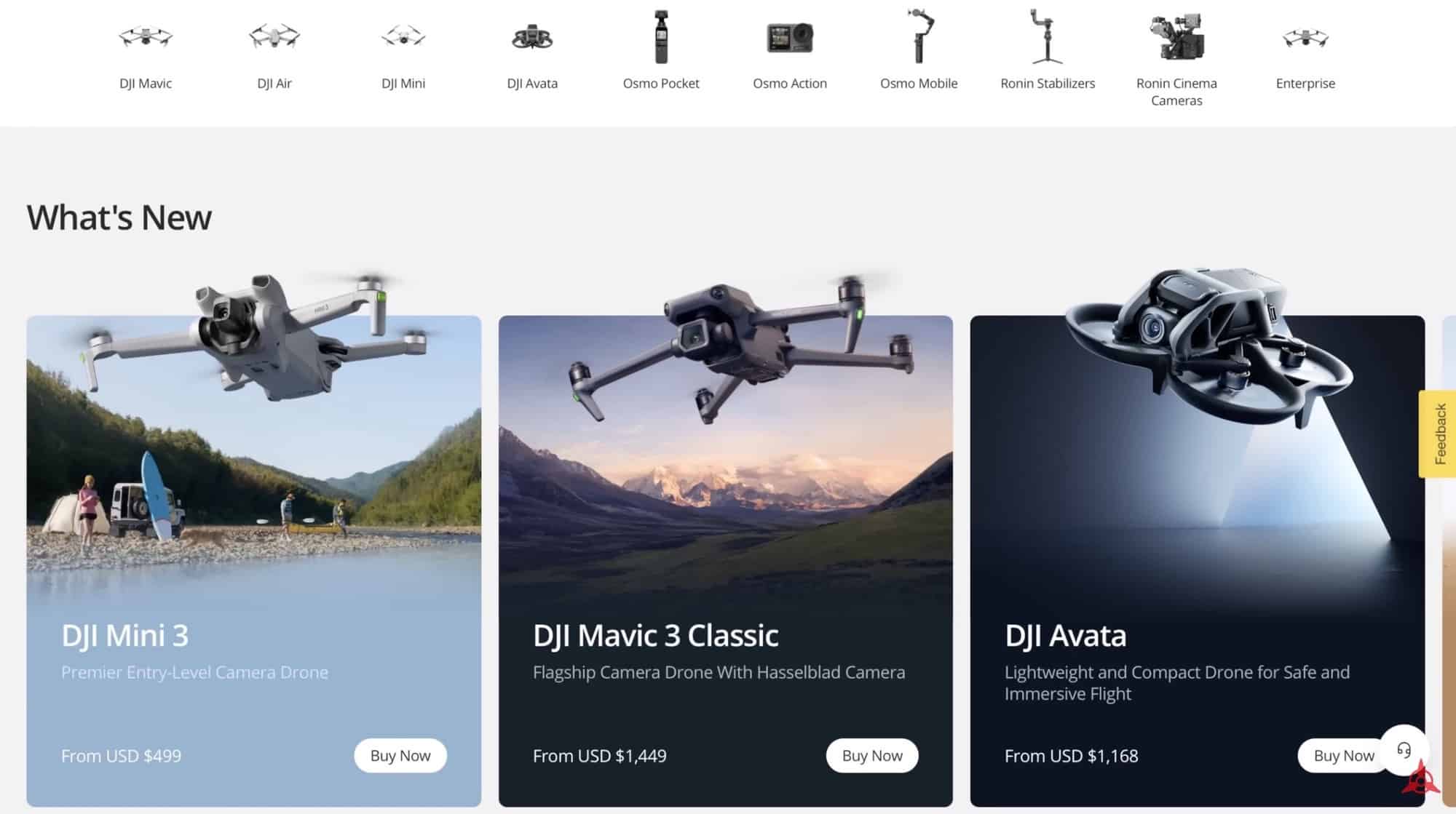 DJI drones lined up on a table for the 2023 price comparison.