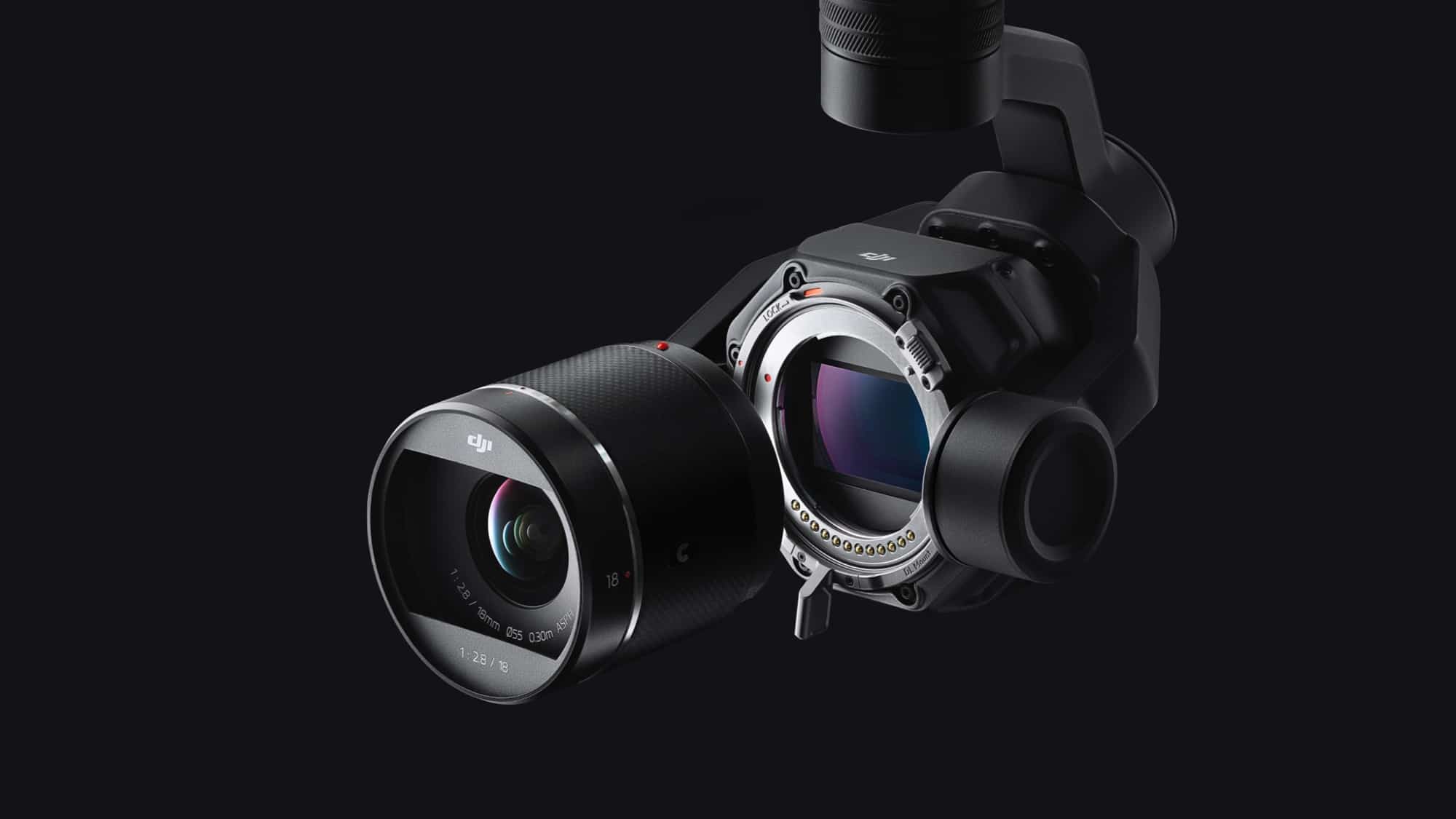 Horizontal close-up of the DL lens mount and Zenmuse X9-8K Air gimbal.