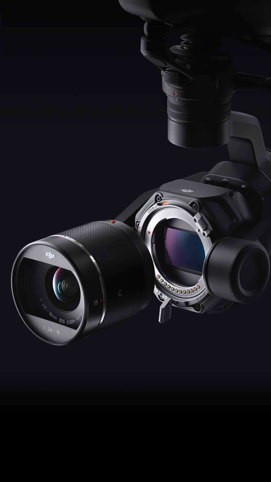 Close-up of the Zenmuse X9-8K Air gimbal camera and its DL-mount lens.