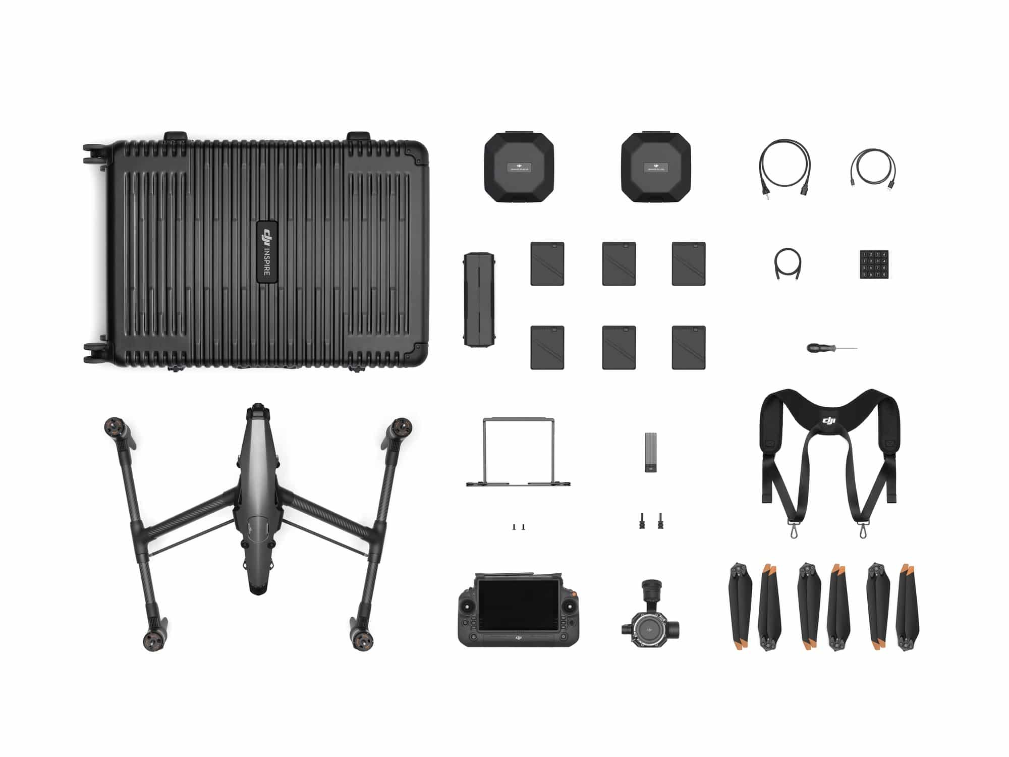 The DJI Inspire 3 combo case and accessories laid out together.