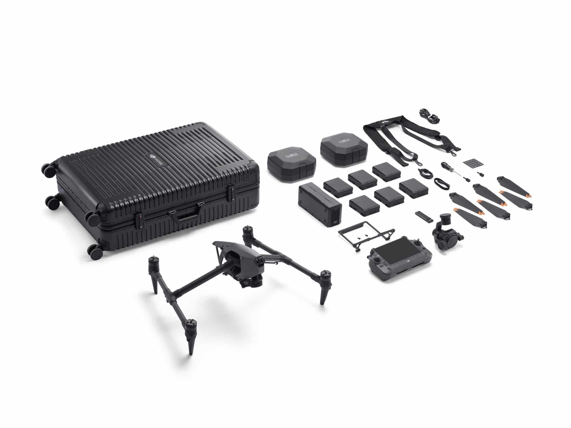 The Inspire 3 combo with the aircraft shown without batteries or propellers.
