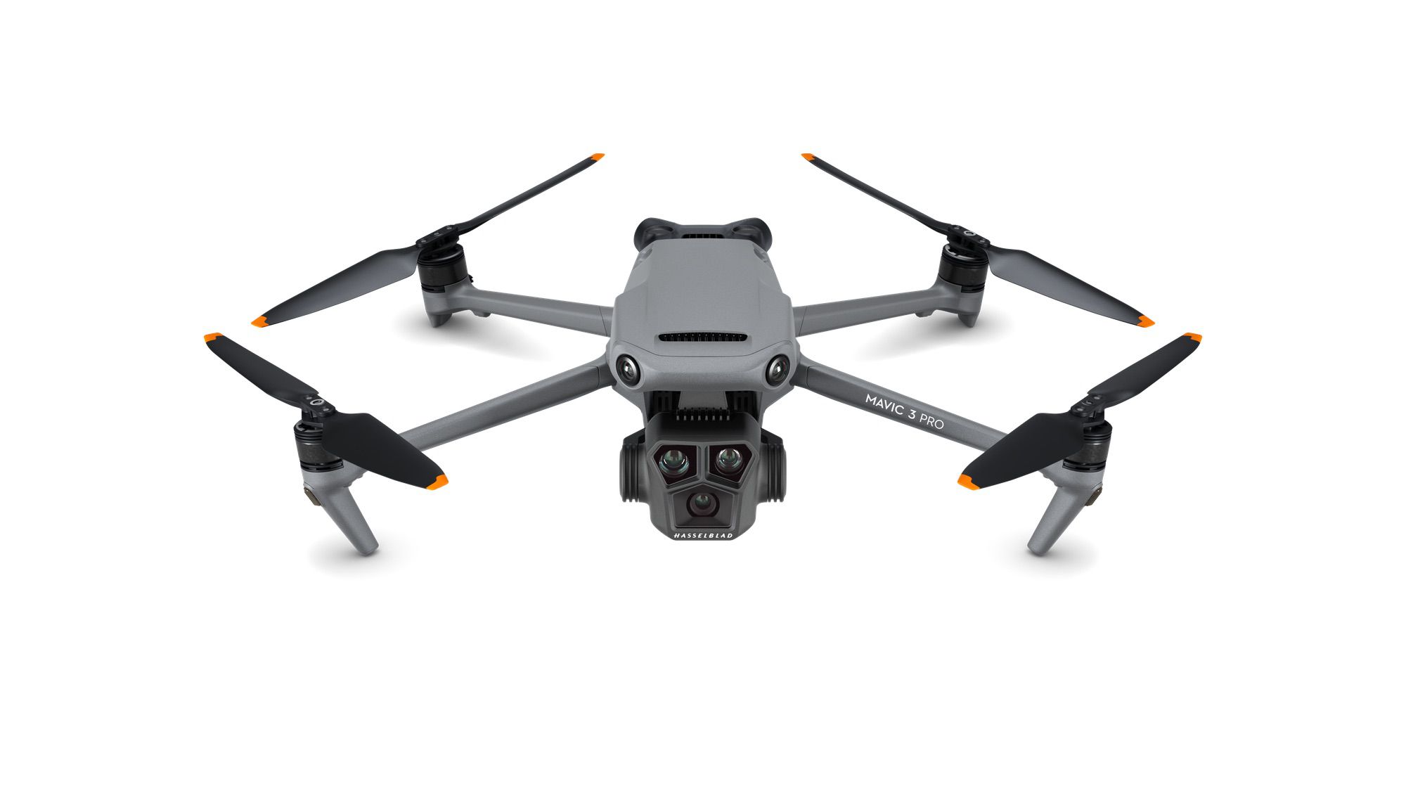 Studio image of the Mavic 3 Pro, DJI's triple-camera flagship.
