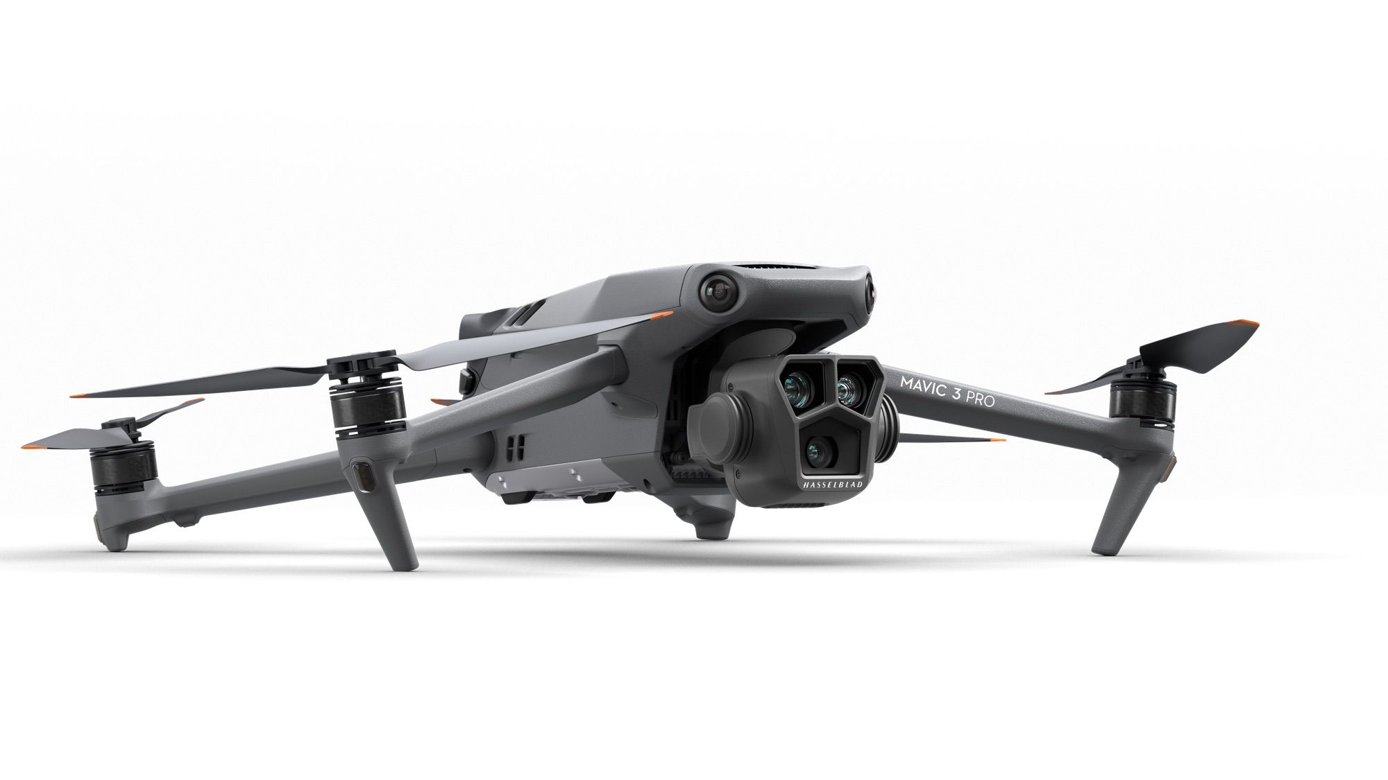 Studio render of the DJI Mavic 3 Pro showing its triple-lens gimbal.