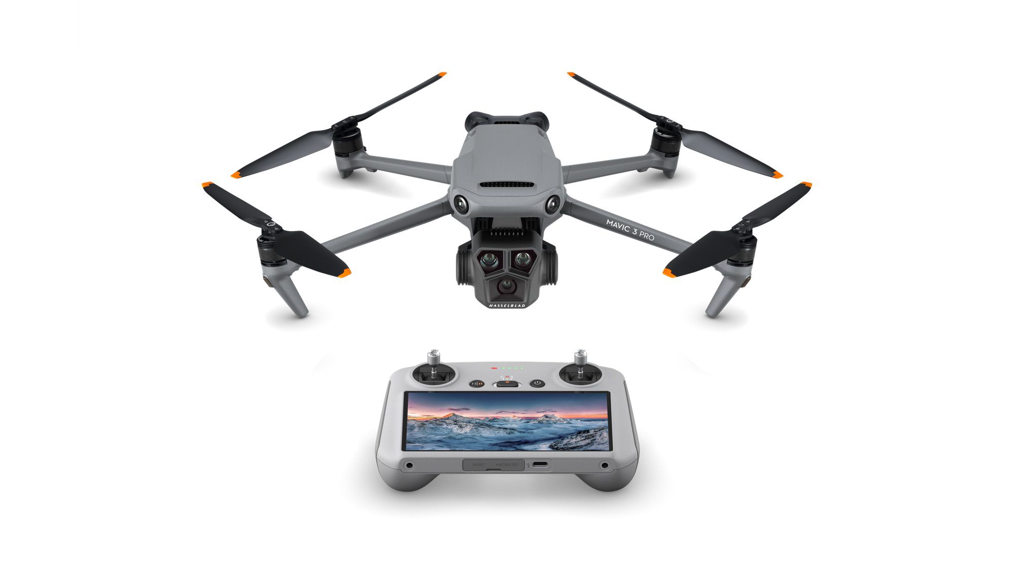 Product photo of DJI's Mavic 3 Pro foldable camera drone.