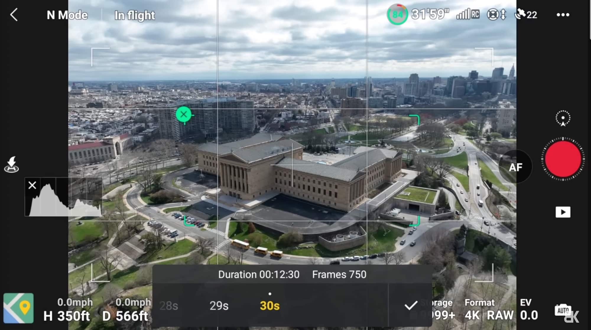 Circle hyperlapse mode orbiting a subject selected on the controller screen.