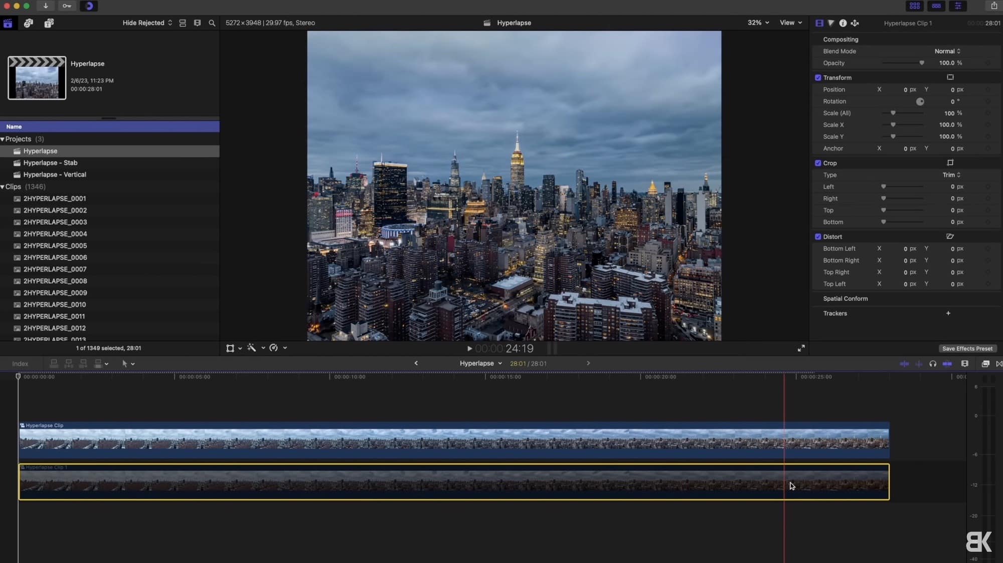 Compounding the imported hyperlapse stills into one clip in Final Cut Pro.