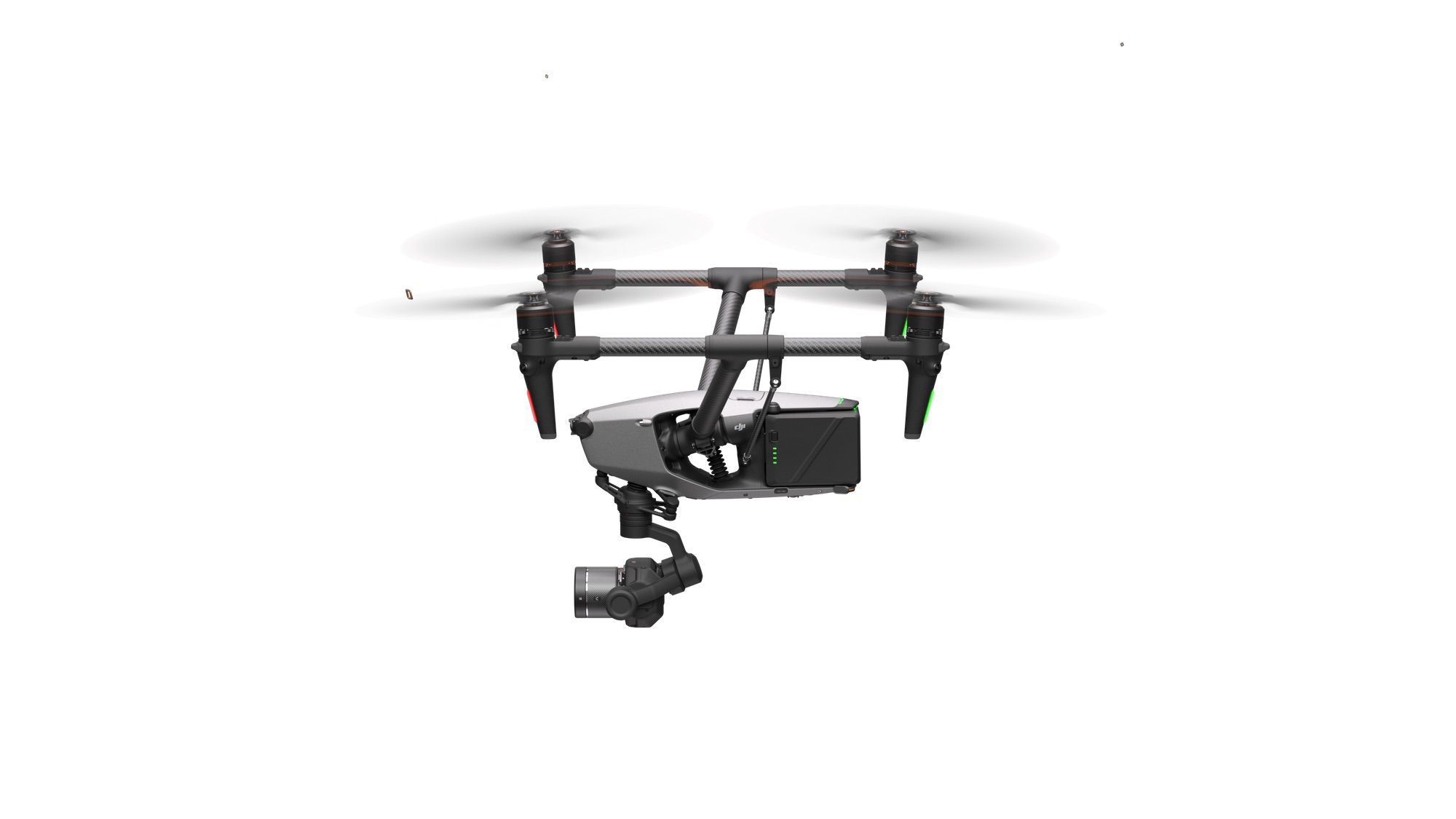 Front three-quarter view of the DJI Inspire 3 in flight.
